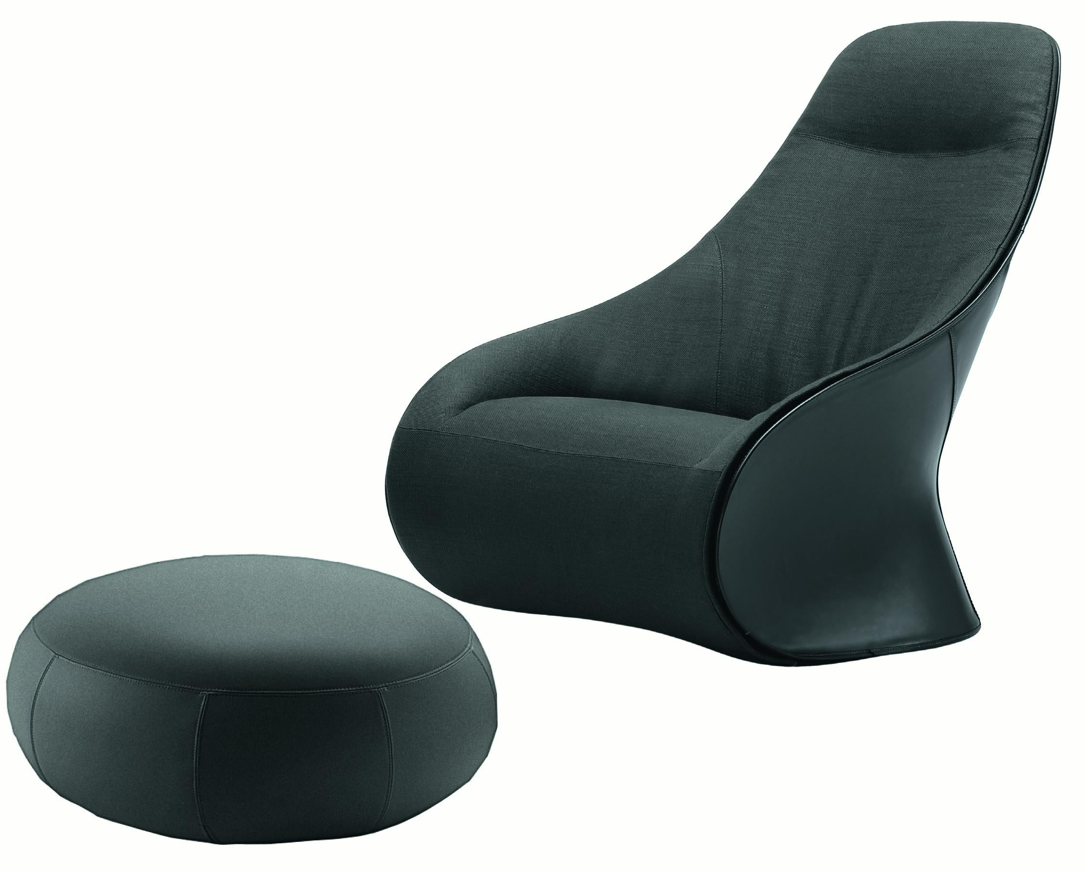 Zanotta Derby Armchair with Pouf in Black Upholstery by Noé Duchaufour Lawrance

Swivel steel base, or fixed with feet. Stiff polyurethane external body covered with cowhide 95. Cannot be covered with cowhide 95 in the shade white 0704. Internal