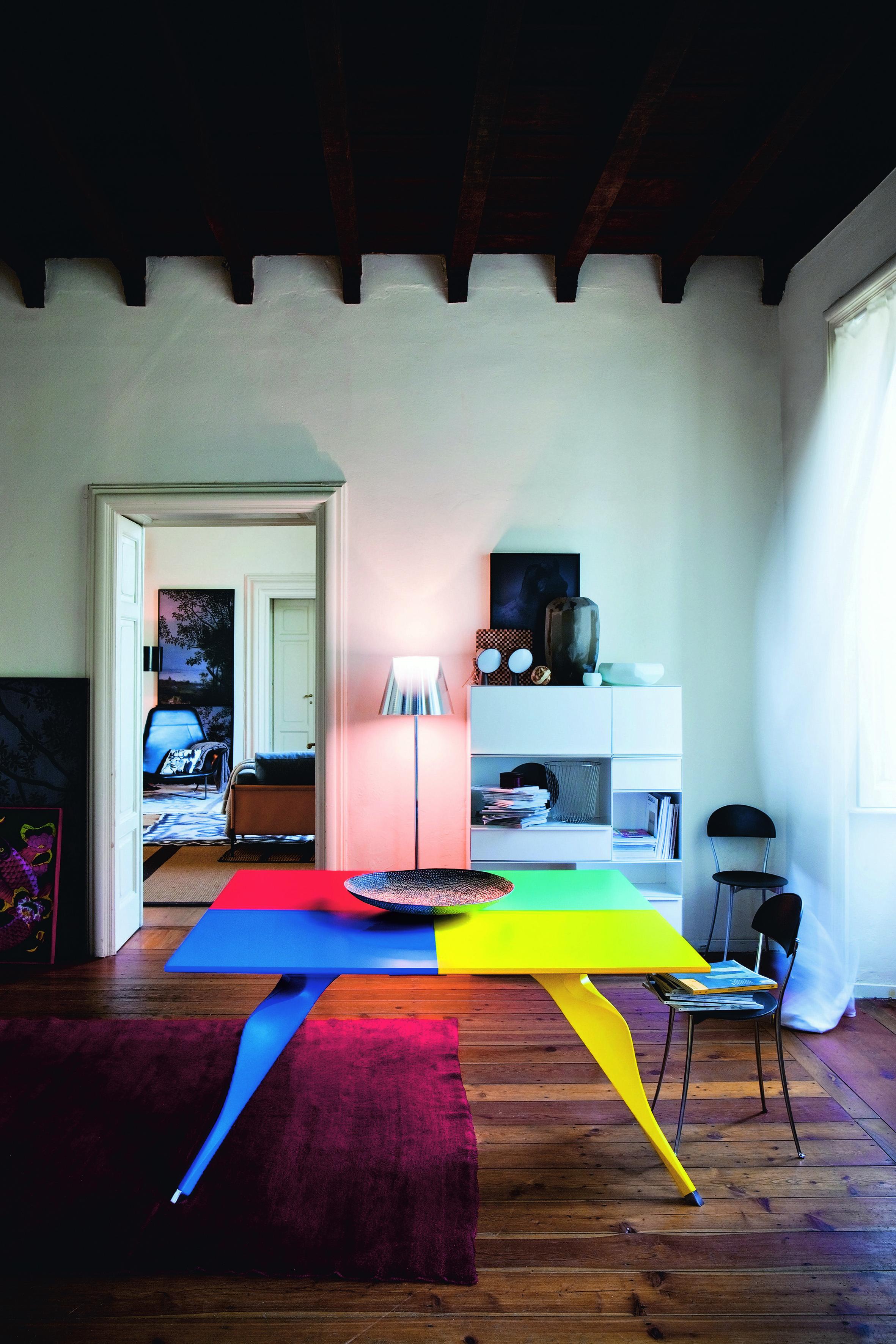 Zanotta Edizioni Macaone Table with Painted MDF Top by Alessandro Mendini

Signed piece. MDF top and stiff polyurethane legs with steel frame painted in the shades of red, blue, yellow, green. Polished aluminum alloy feet.

Born from the