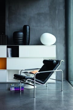 Zanotta Genni Black Nappa Leather Lounge Chair & Pouf in Chromium Plated Steel