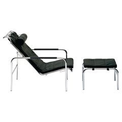 Zanotta Genni Black Nappa Leather Lounge Chair & Pouf in Chromium Plated Steel