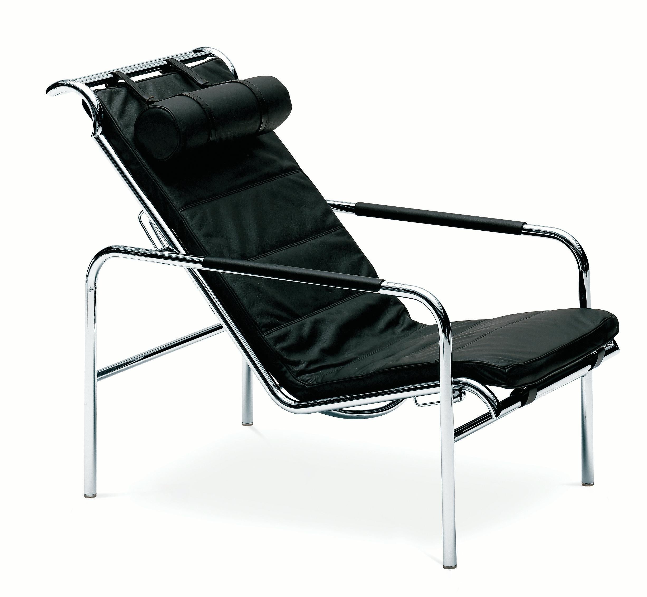 Zanotta Genni Lounge Chair in Black Leather with Chromium Plated Steel Frame by Gabriele Mucchi

Chromium-plated steel frame or with natural or black nickel-satin finish, or black painted. Suspension on steel springs. Adjustable seat in two