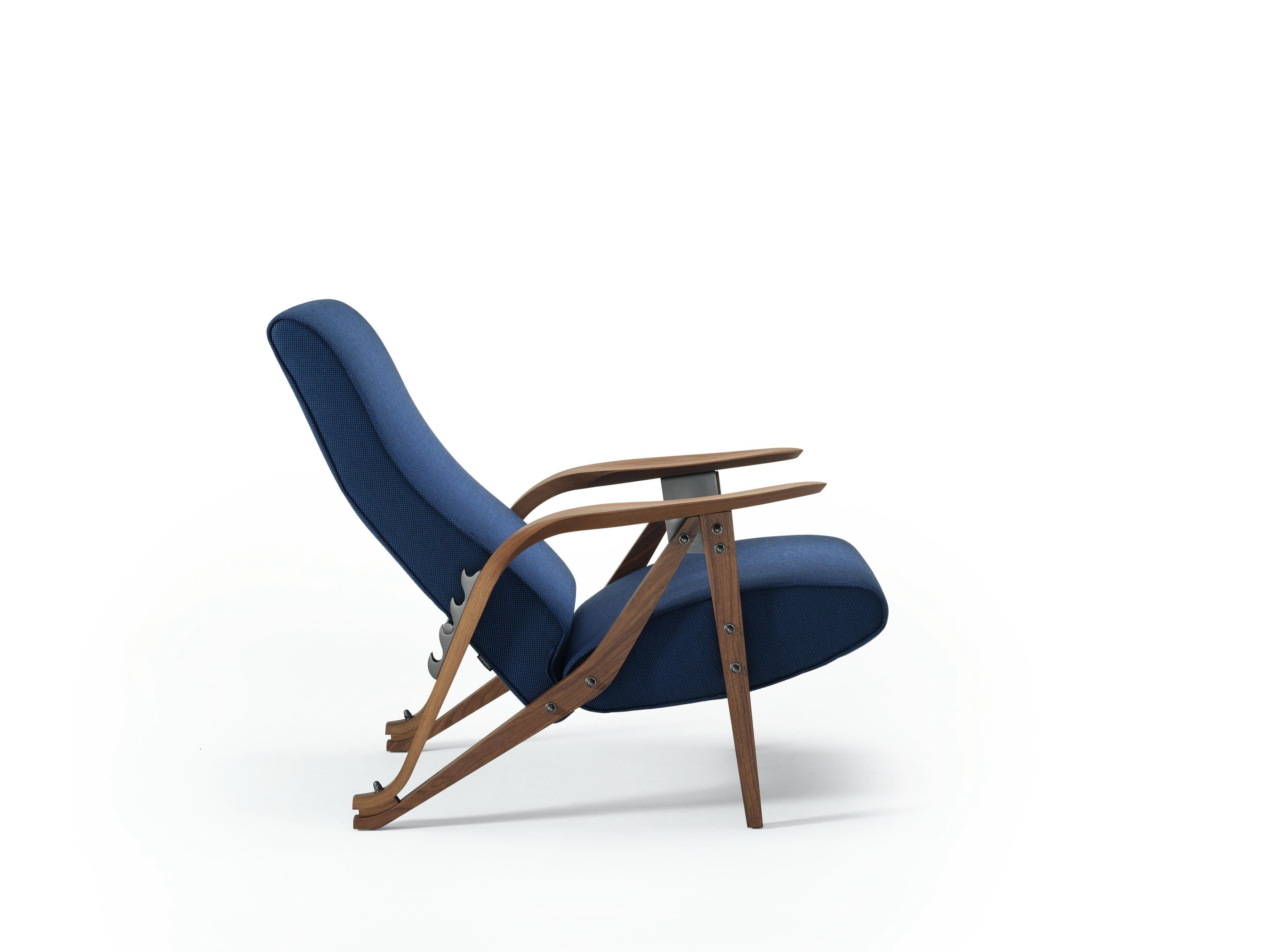 Italian Zanotta Gilda CM Armchair in Blue Upholstery with Canaletto Walnut Frame For Sale