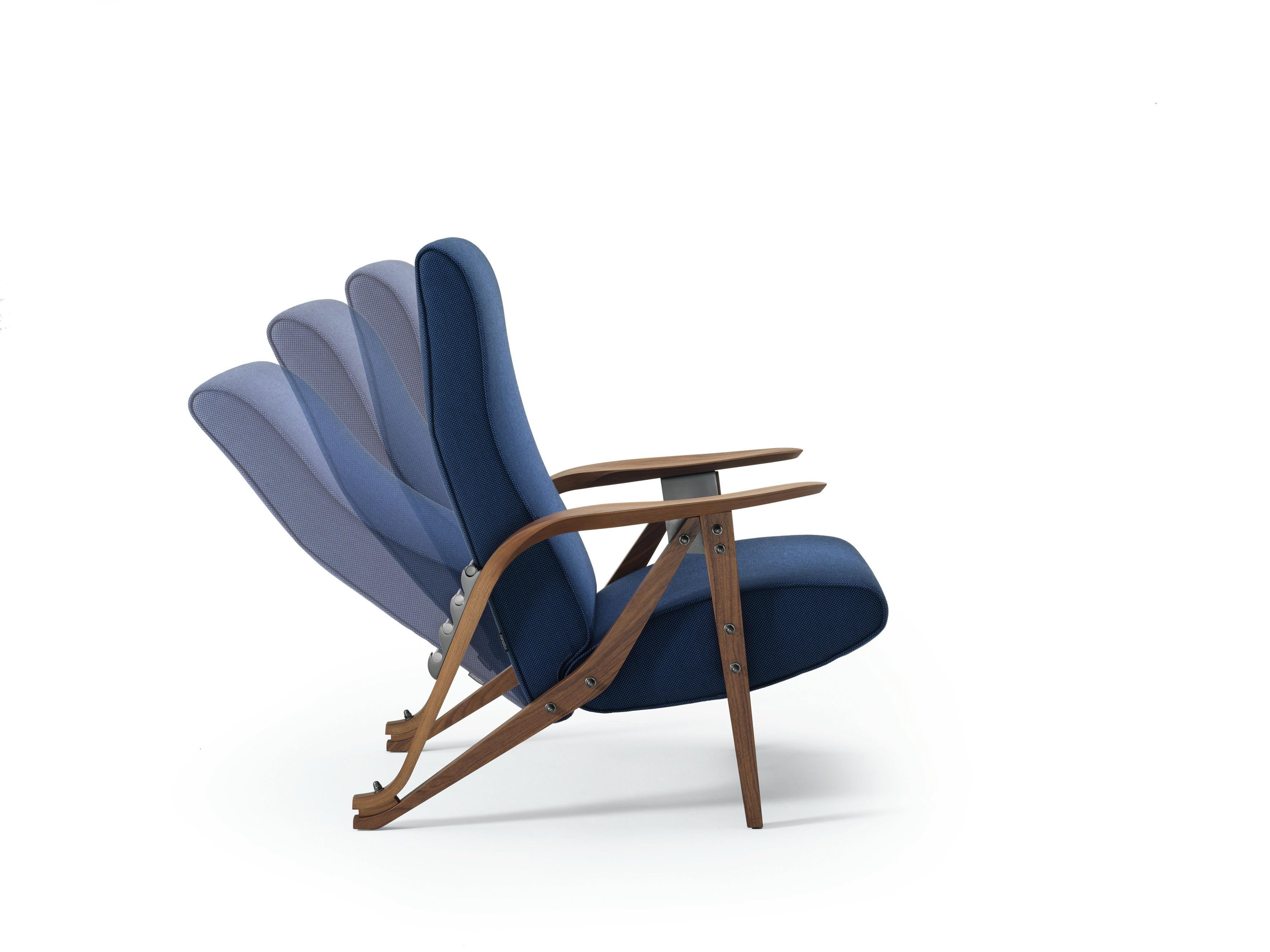 Zanotta Gilda CM Armchair in Blue Upholstery with Canaletto Walnut Frame In New Condition For Sale In Brooklyn, NY