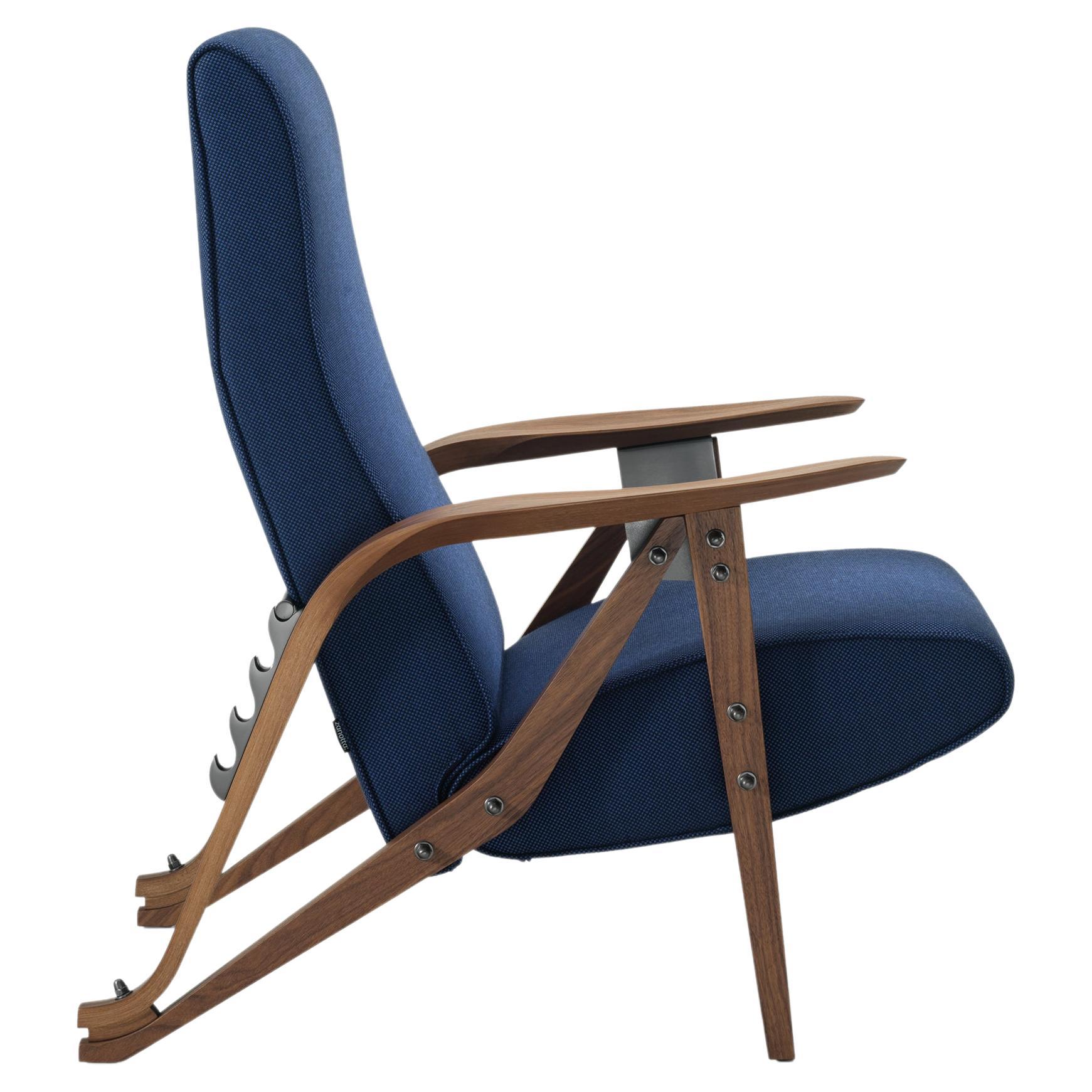 Zanotta Gilda CM Armchair in Blue Upholstery with Canaletto Walnut Frame For Sale