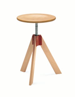 Zanotta Giotto Stool in Natural Varnished Beech Frame with Red Bracket
