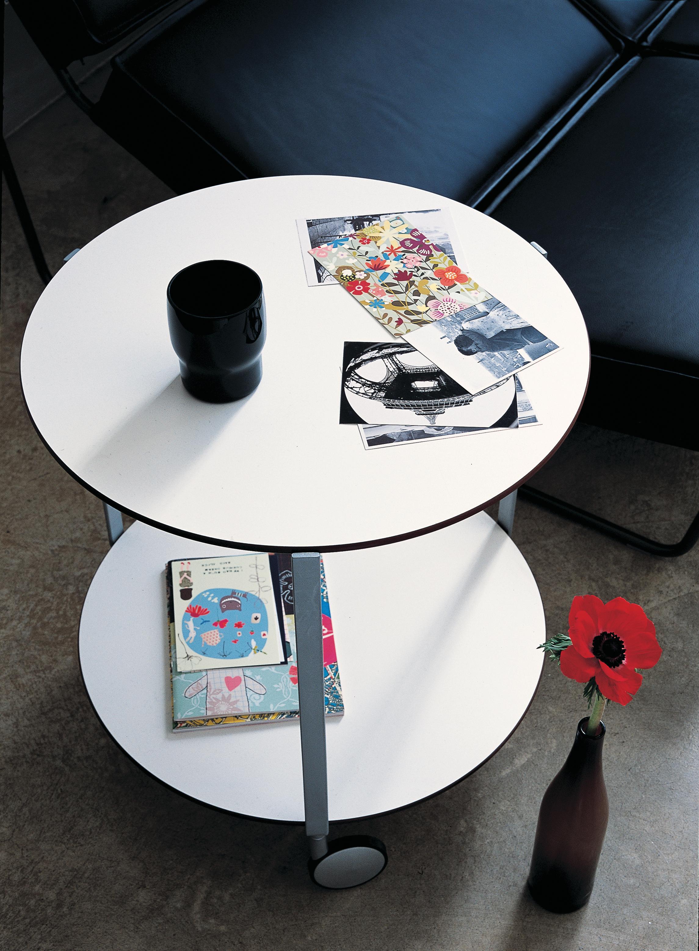 Italian Zanotta Giro' Castor-Mounted Medium Table with White Plastic Top by Anna Deplano For Sale