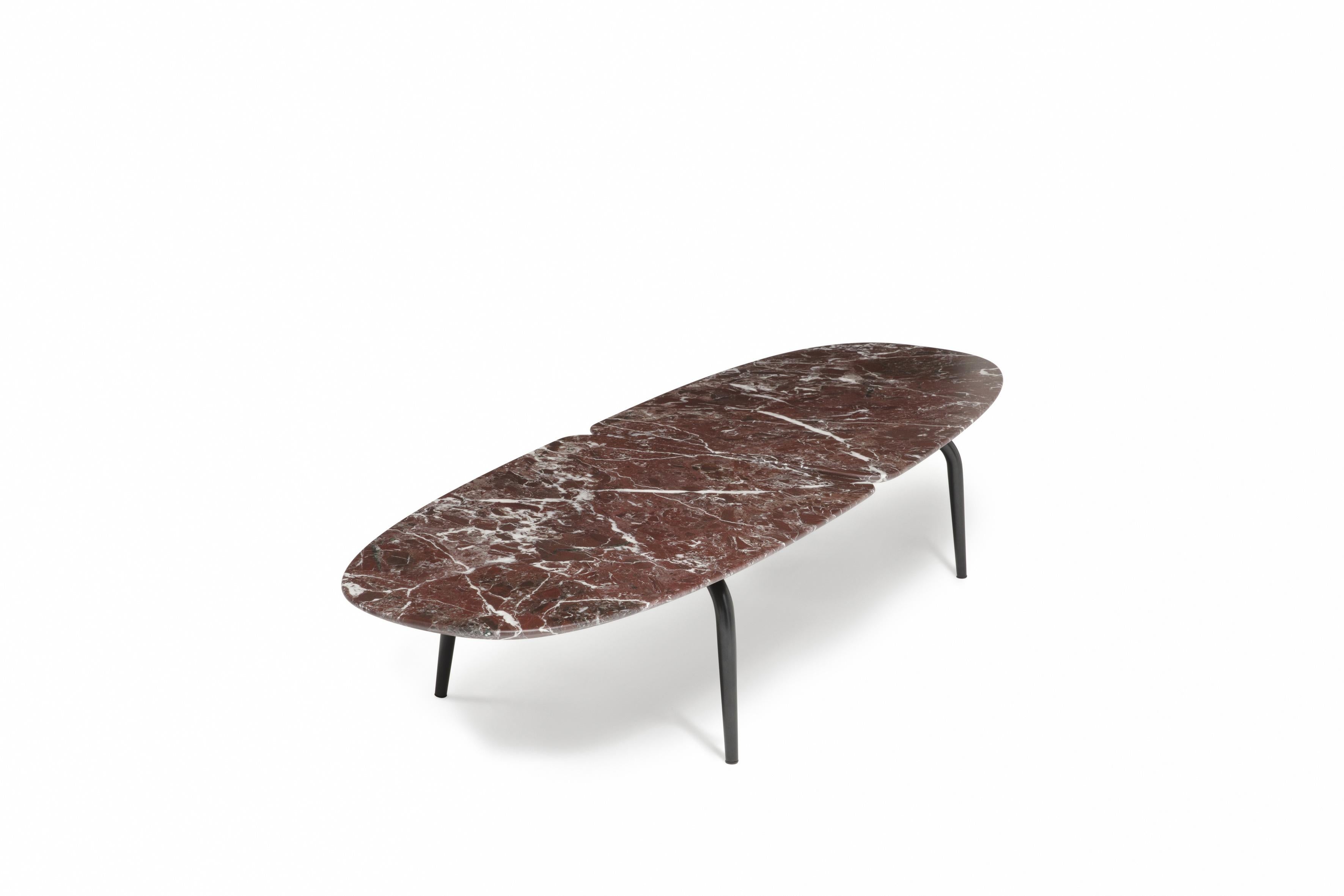 Black varnished steel frame. Tops available either in grey Calacatta marble, in red Lepanto marble or in Sahara Noir marble with stain-resistant protective varnish, in clear matt polyester.

Additional Information:
Material: Marble, steel