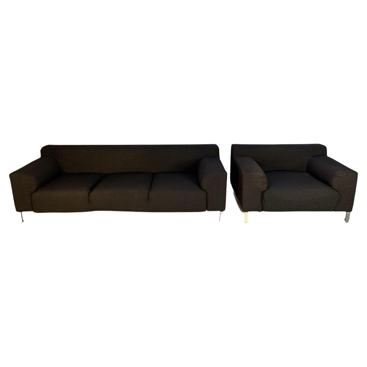 Zanotta “Greg” 3-Seat Sofa & Armchair in Dark Grey Wool For Sale
