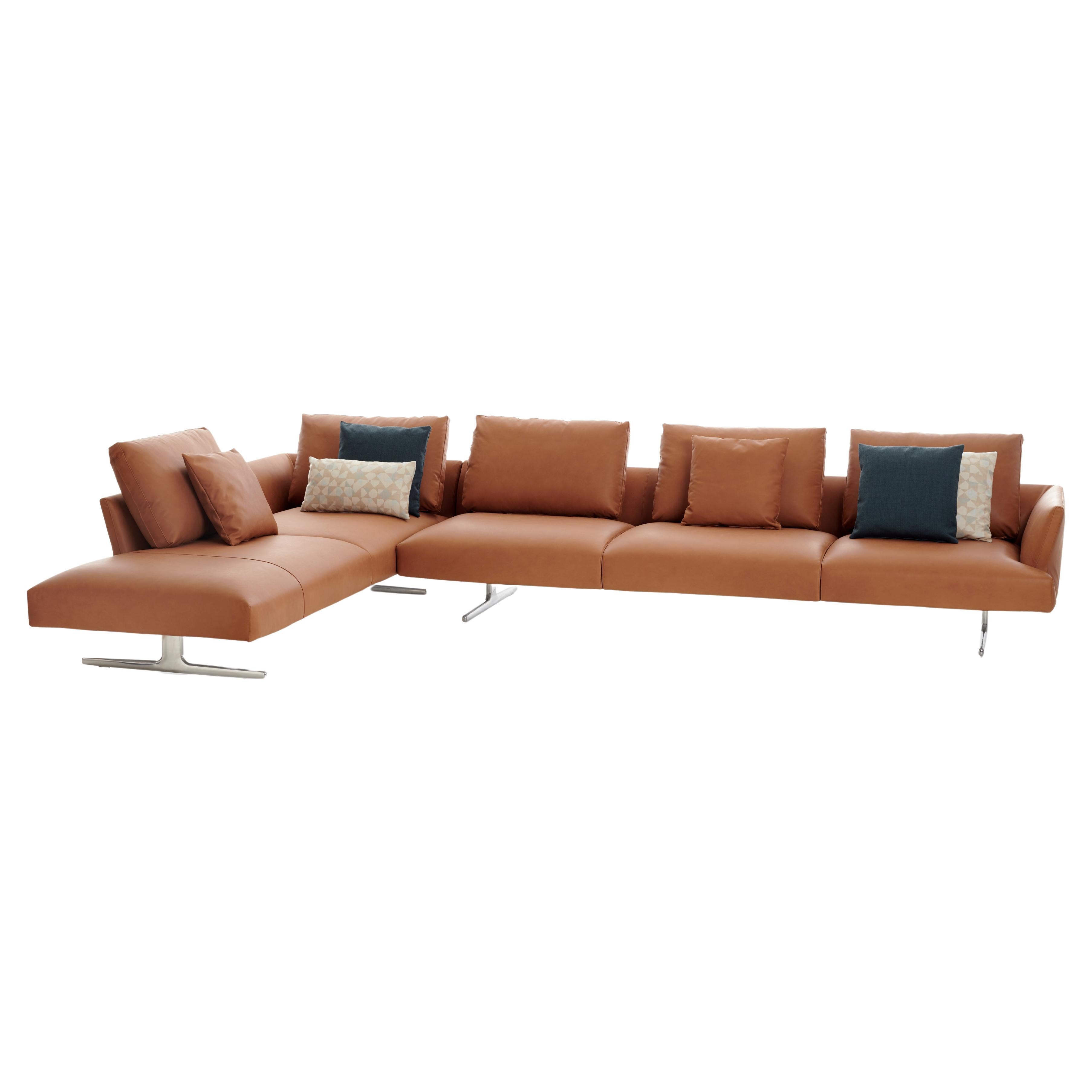 Zanotta Hiro Modular Sofa in Brown Leather and Aluminum Frame by Damian