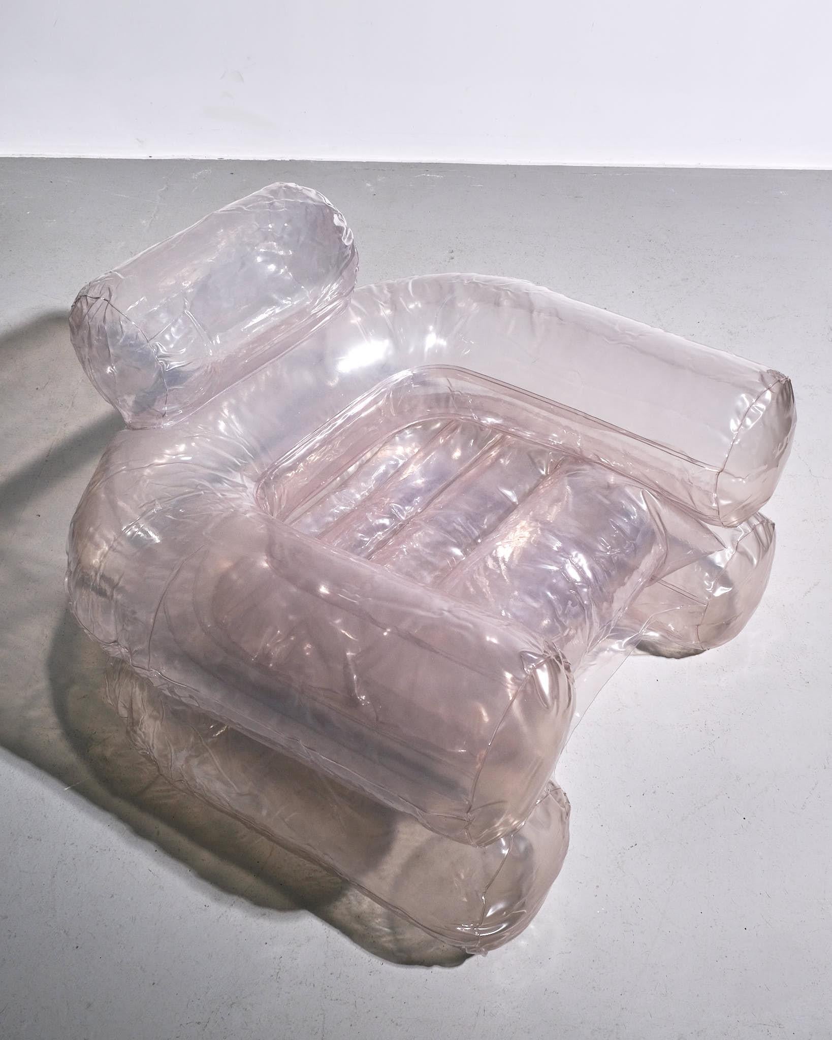 Zanotta Inflatable 'Blow' Chair, 1967

Designed by Jonathan De Pas, Donato D’Urbino, and Paolo Lomazzi in 1967 and produced by Zanotta. One of the first mass-produced inflatable chairs, made entirely of transparent PVC. Lightweight, portable, and an