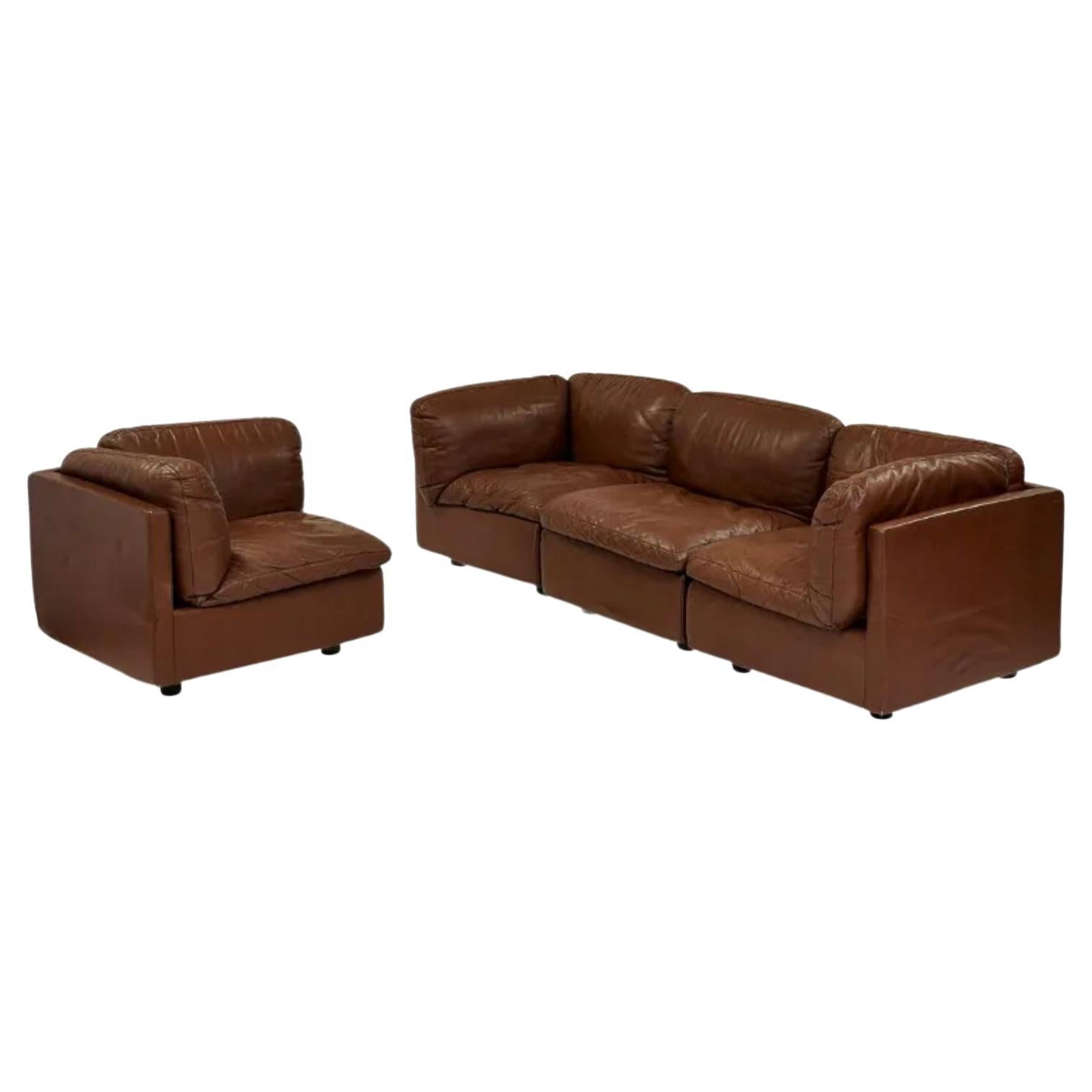 Zanotta Jonathan de Pas Cento sectional sofa, brown leather, 1973, Italy.
Four-piece sectional sofa. Very rare.
Italy, 1990s.
Brown leather.
'Zanotta' fabric labels and decking fabric.
Jonathan de Pas (1932-1991), Donato d'Urbino (b. 1935) and Paolo