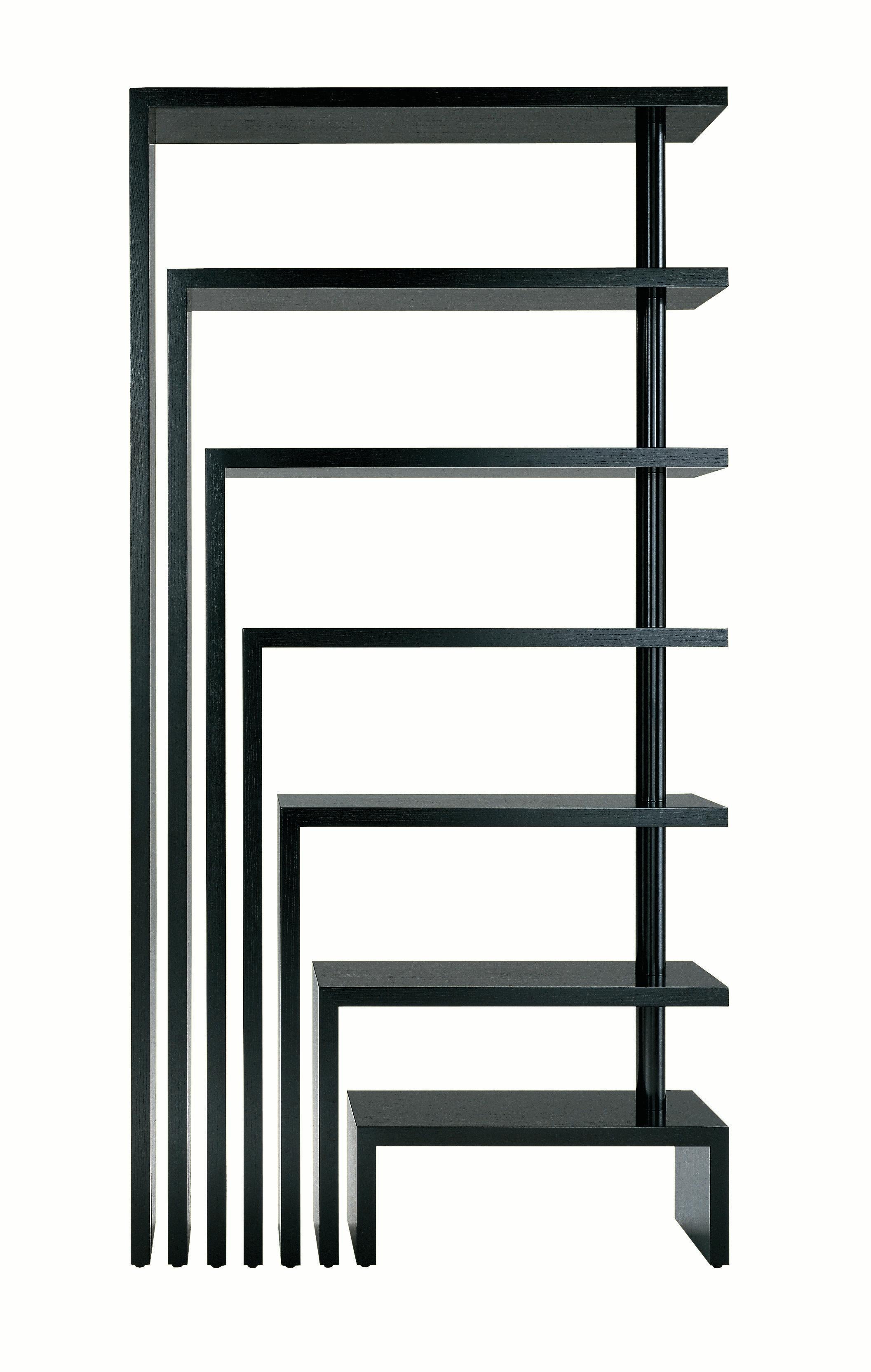 Zanotta Joy Rotating 7 Shelf Unit in Black Medium Density Fiberboard by Achille Castiglioni

Uprights and shelves in medium density fiberboard, finished with scratch-resistant embossing in white, black or burgundy. Steel articulated joints painted