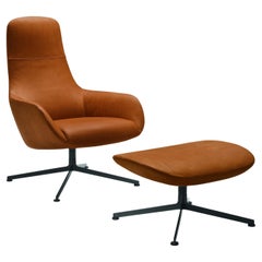 Zanotta Kent Armchair and Pouf in Brown Upholstery with Black Steel Frame