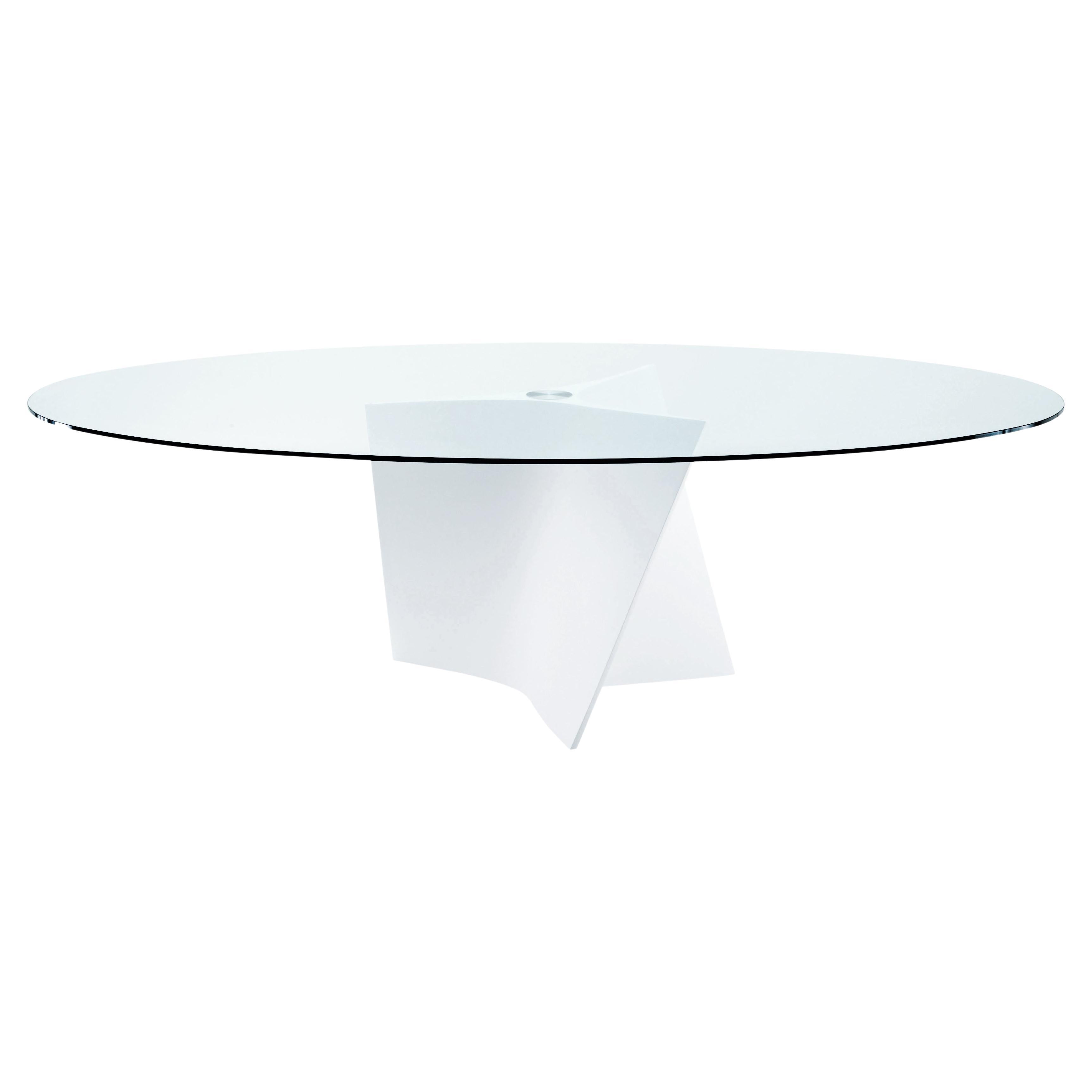 Grande table Zanotta Elica avec plateau en verre transparent et cadre blanc par Prospero Rasulo