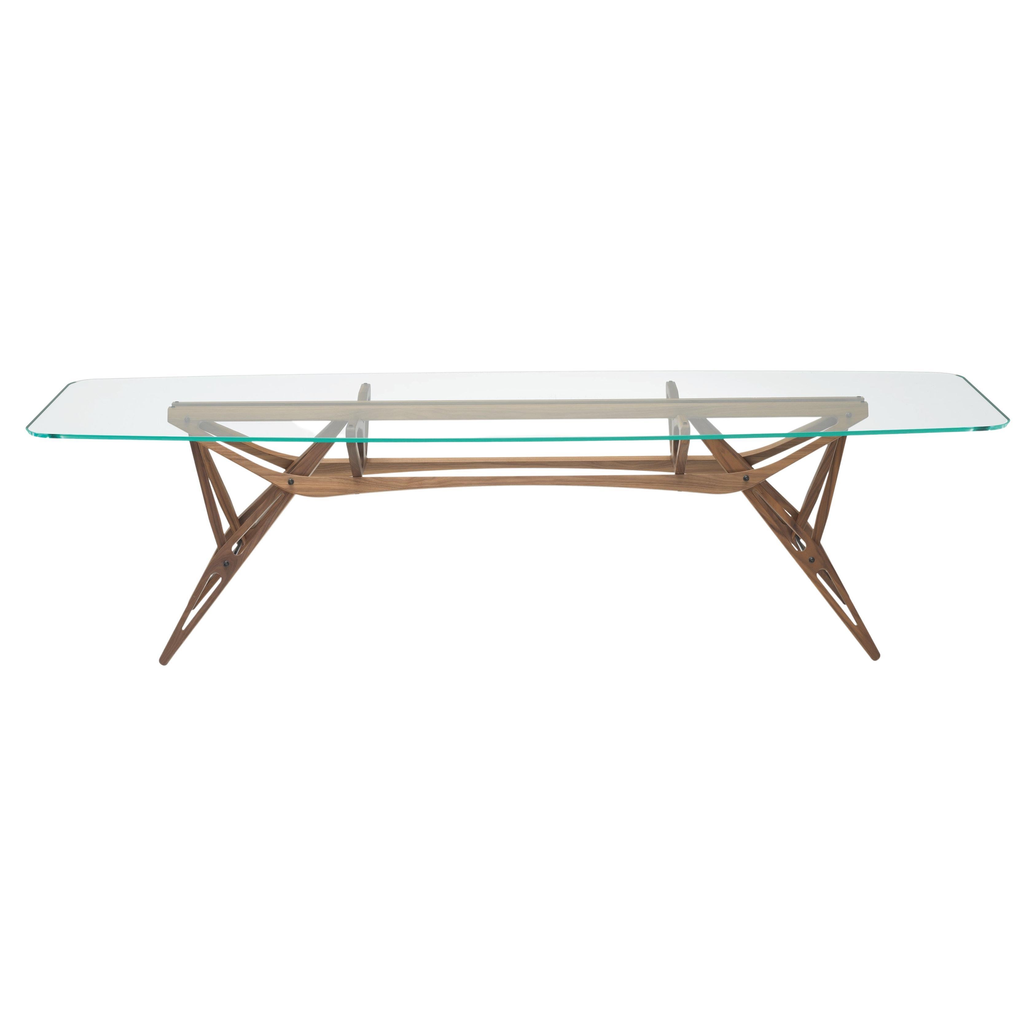 Grande table Zanotta Reale CM avec plateau en verre extra transparent et cadre en noyer Canaletto