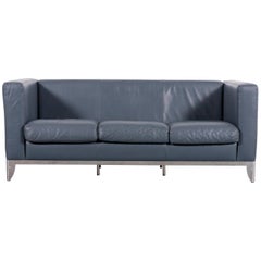 Zanotta Leather Sofa Blue Three-Seat Couch