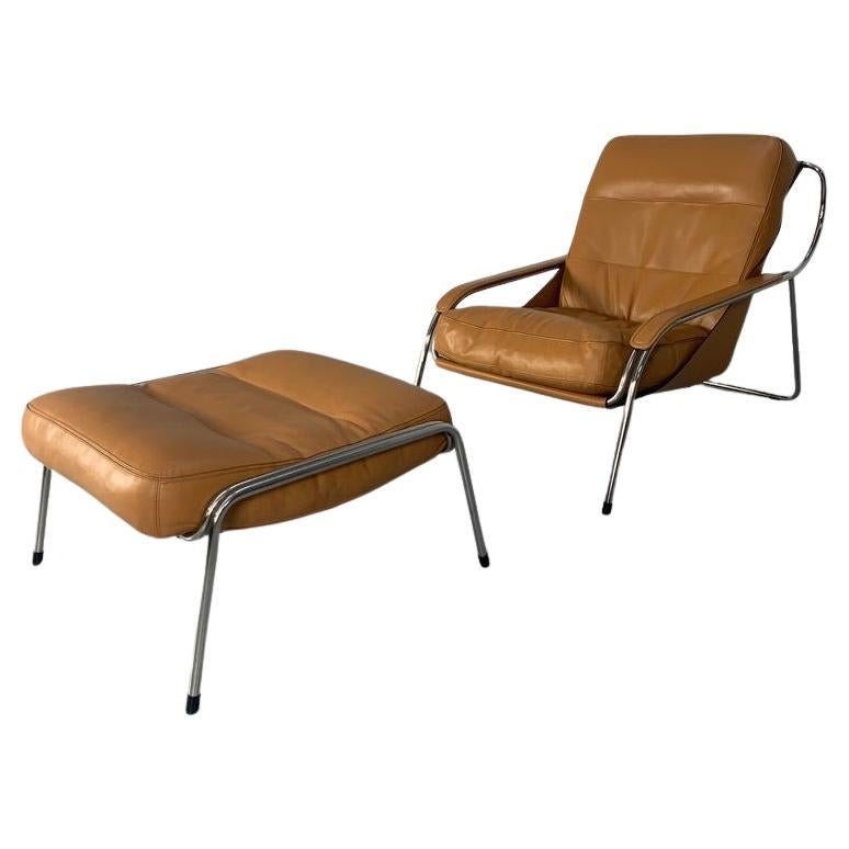Zanotta "Maggiolina" Armchair & Ottoman - In Tan Brown Leather