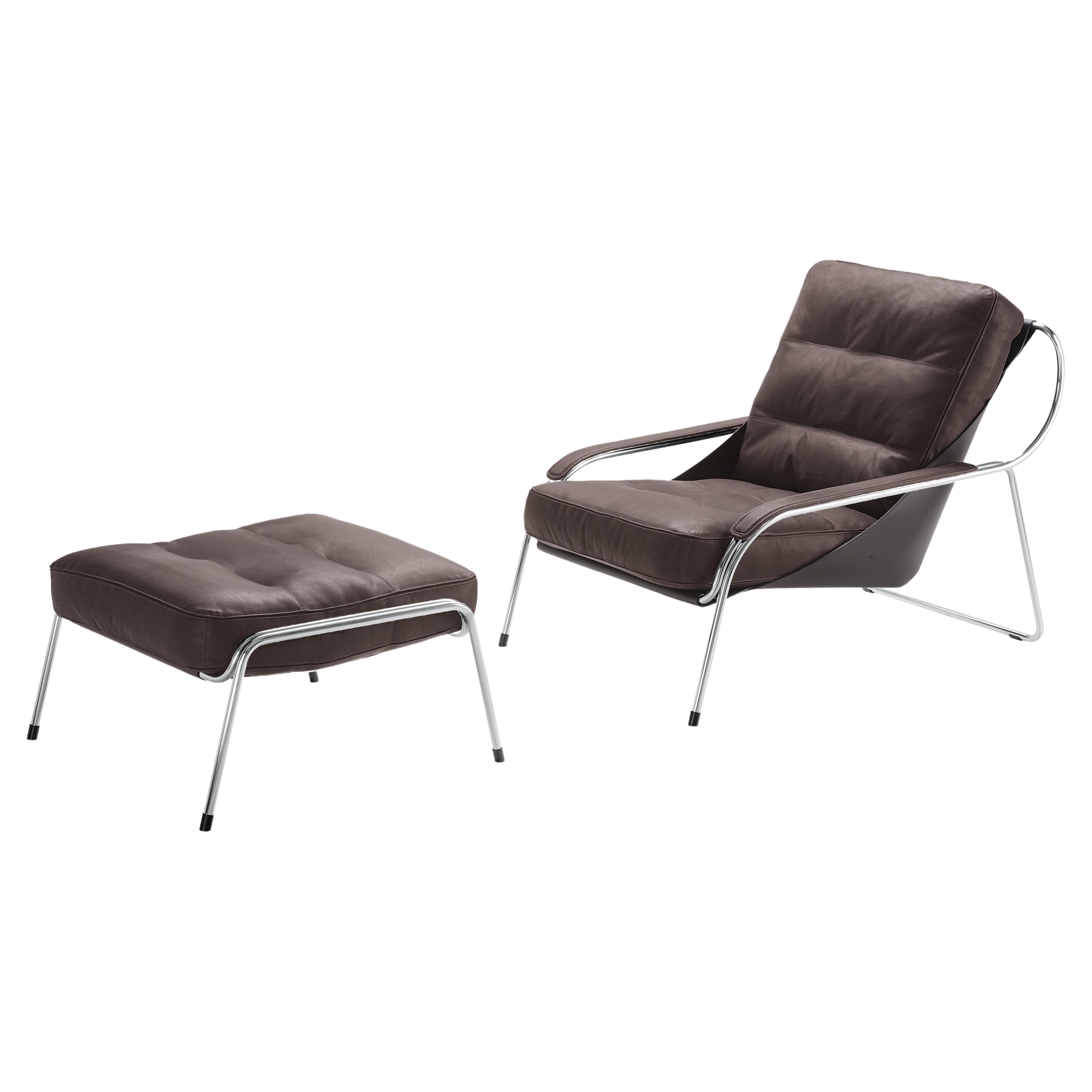 Zanotta Maggiolina Brown Leather Lounge Chair with Pouf in Polished Steel Frame For Sale