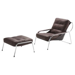 Zanotta Maggiolina Brown Leather Lounge Chair with Pouf in Polished Steel Frame