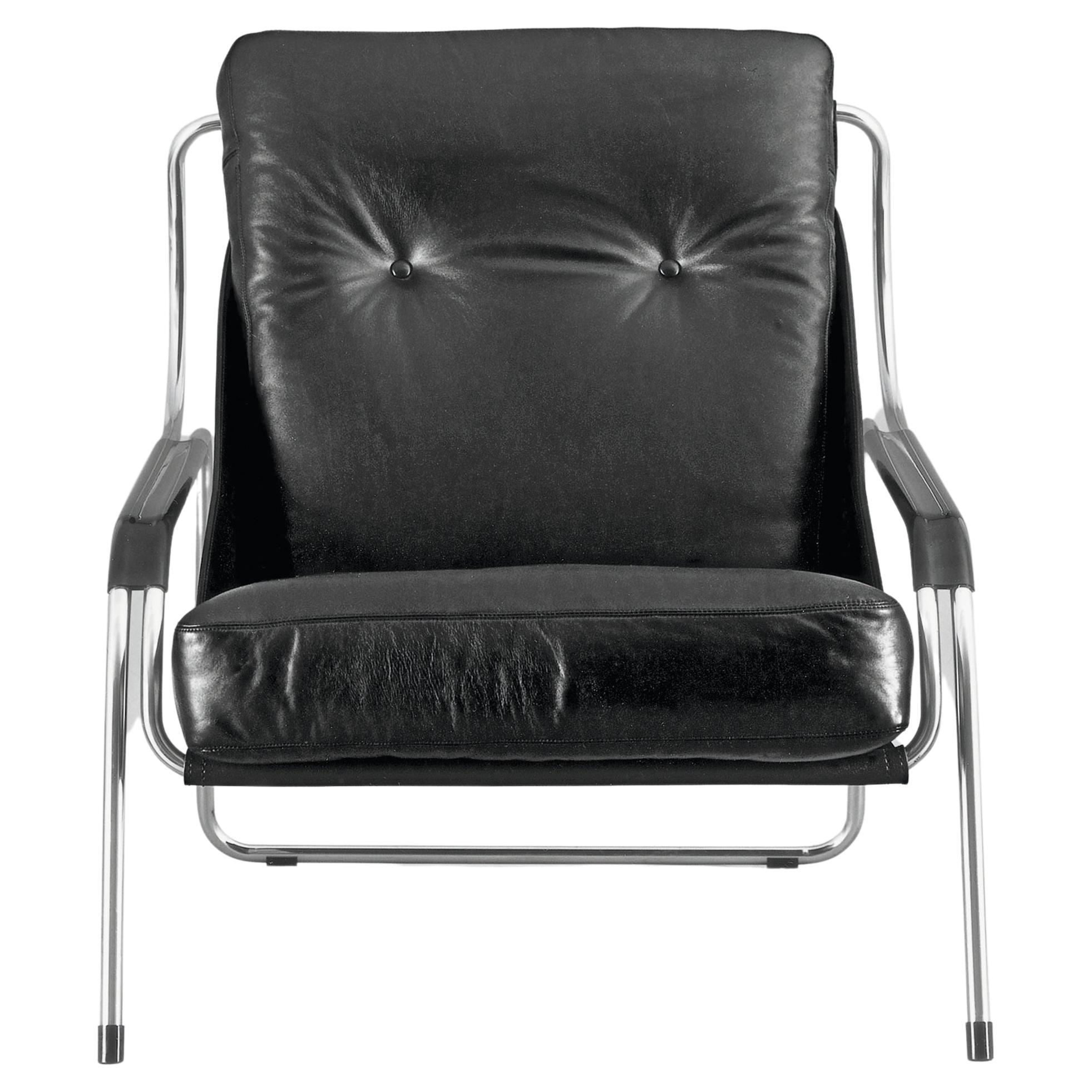 Zanotta Maggiolina Lounge Chair in Black Leather & Steel Frame by Marco Zanuso