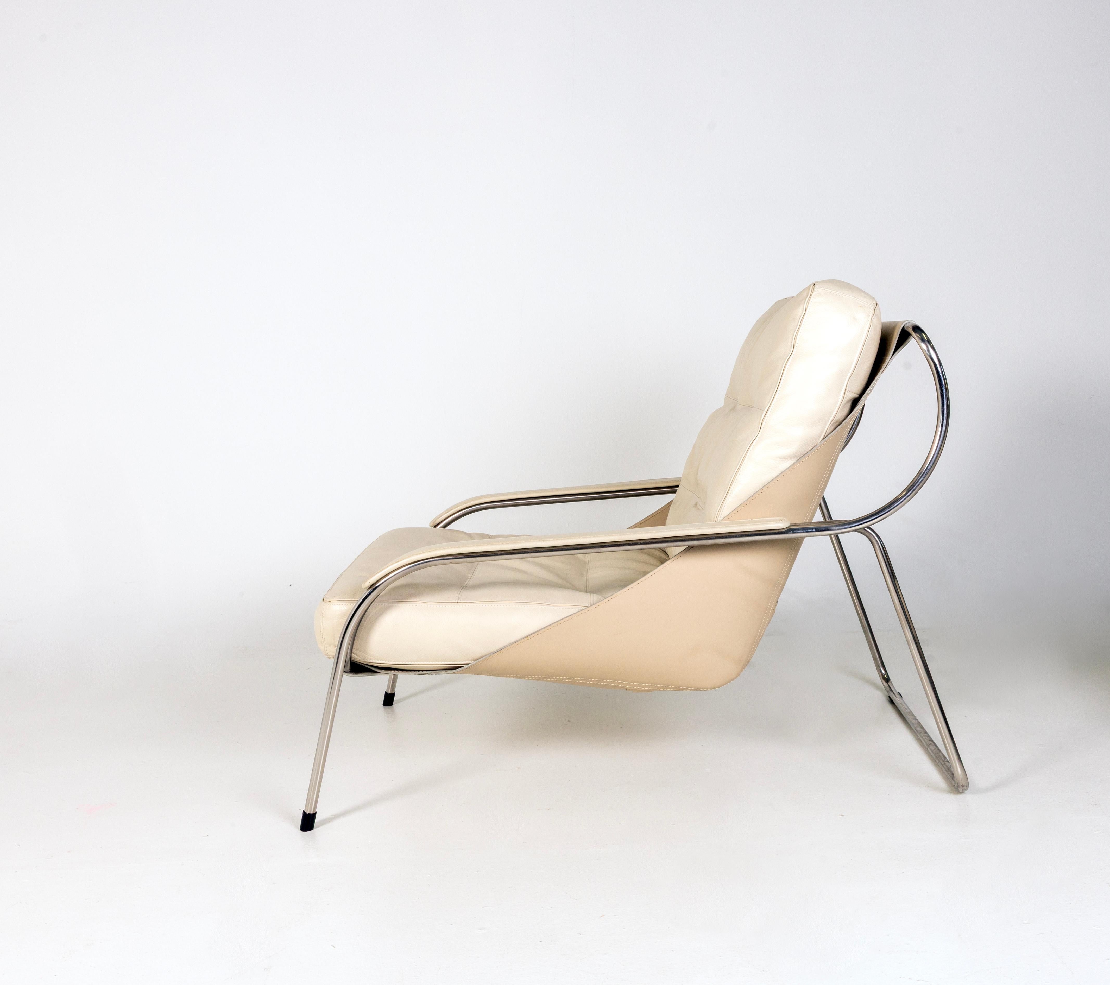 Italian Zanotta Maggiolina Lounge Chair in Cream Leather & Steel Frame by Marco Zanuso For Sale