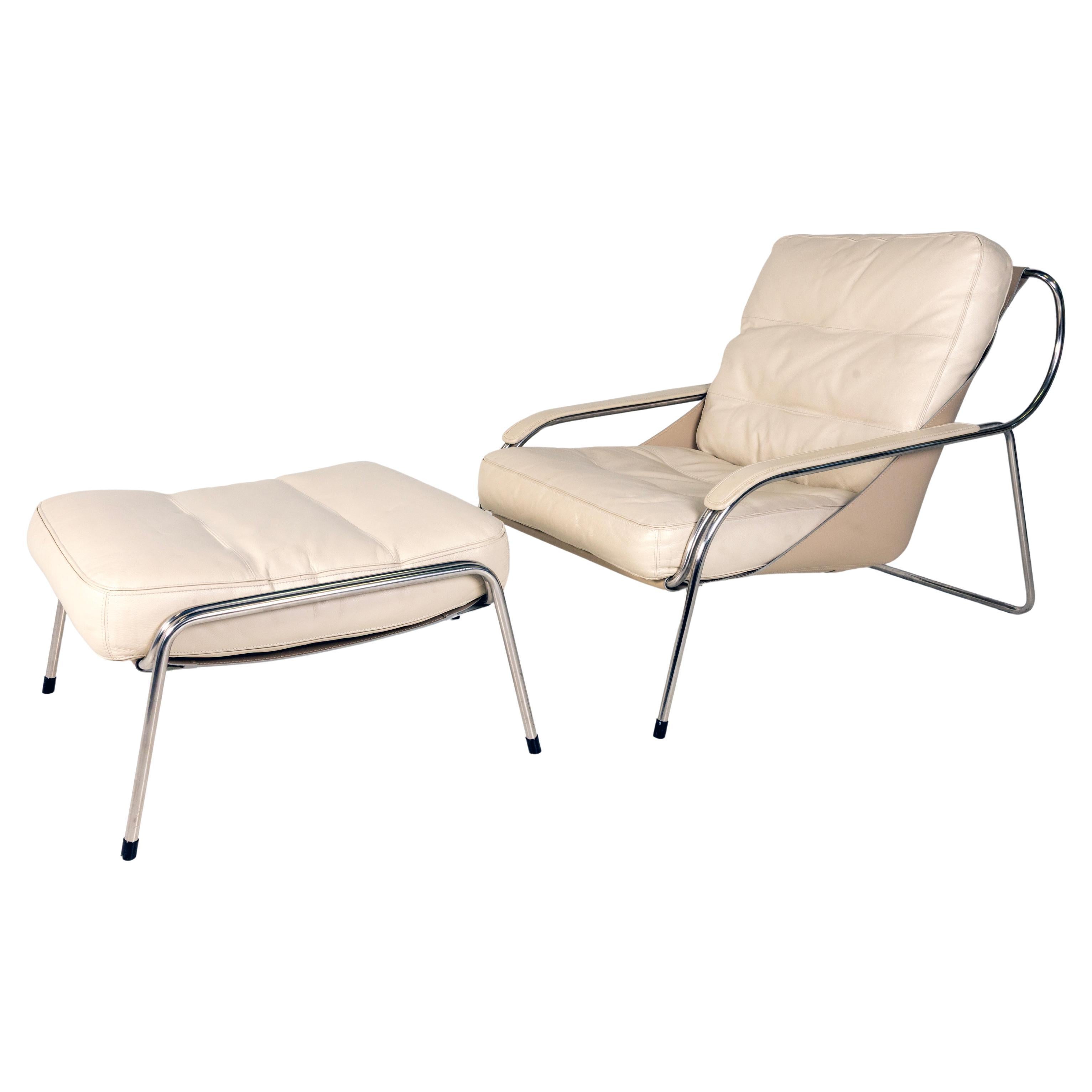 Zanotta Maggiolina Lounge Chair in Cream Leather & Steel Frame by Marco Zanuso