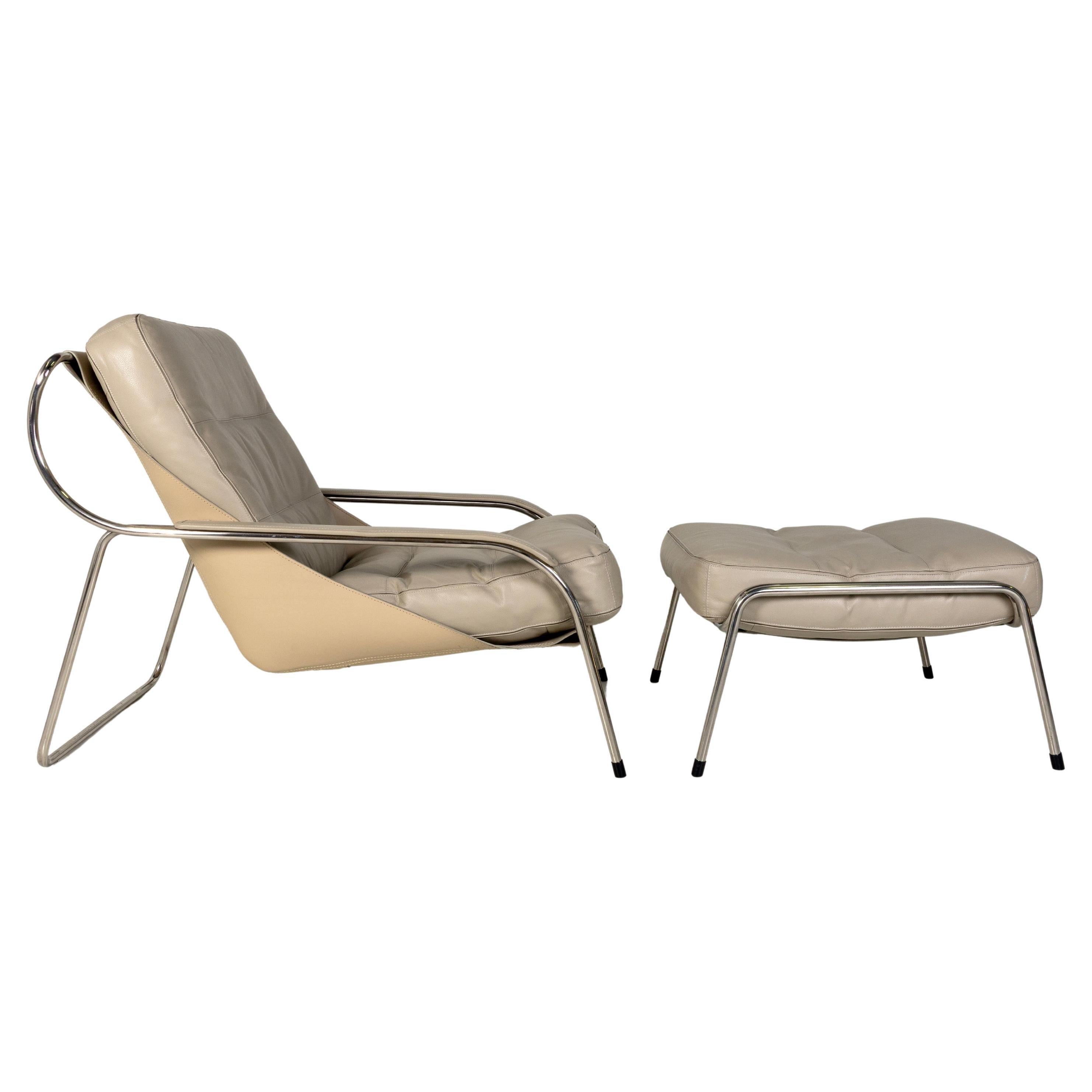 Zanotta Maggiolina Lounge Chair in Gray Leather & Steel Frame by Marco Zanuso