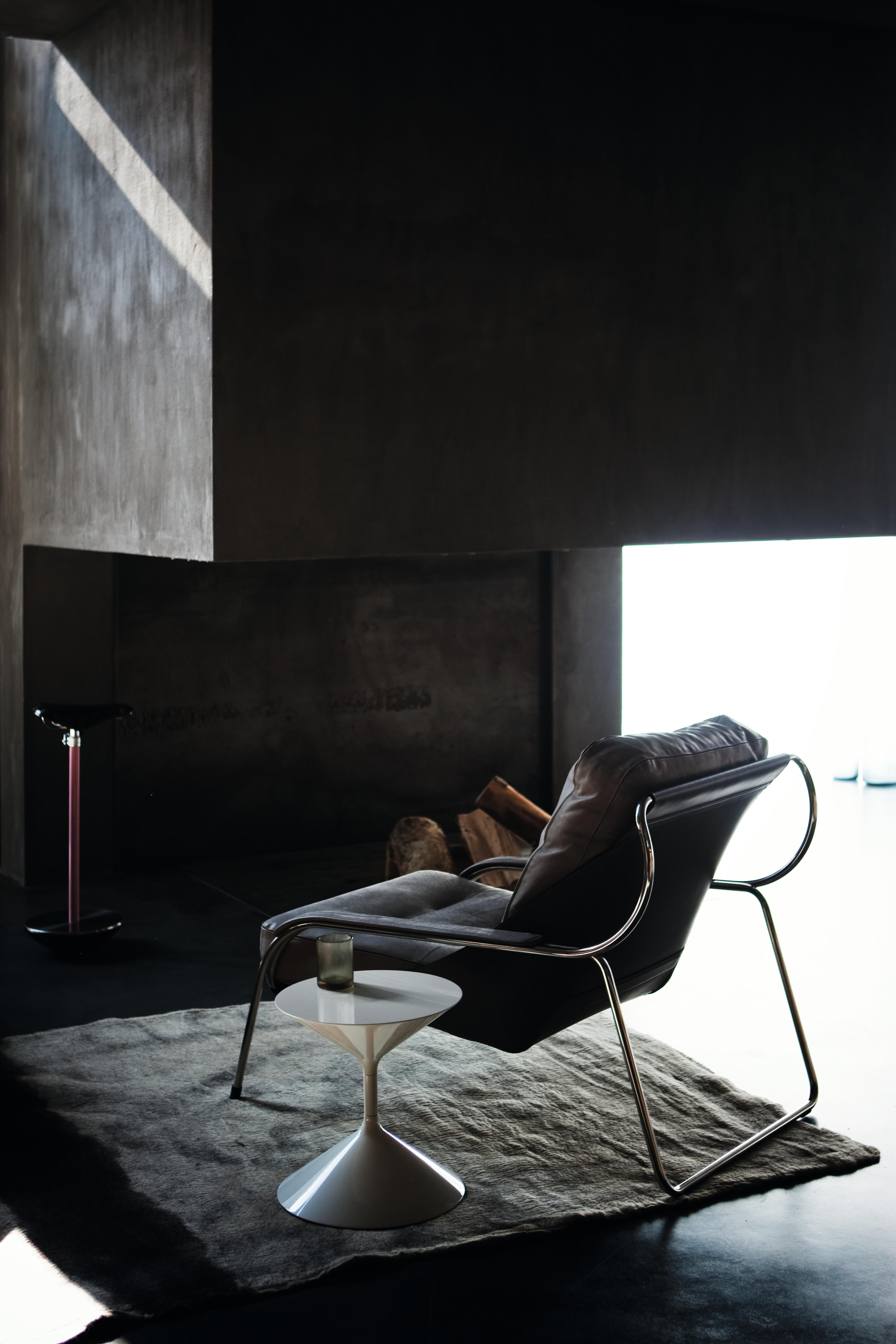 Contemporary Zanotta Maggiolina Lounge Chair & Pouf in Black Leather and Polished Steel Frame For Sale