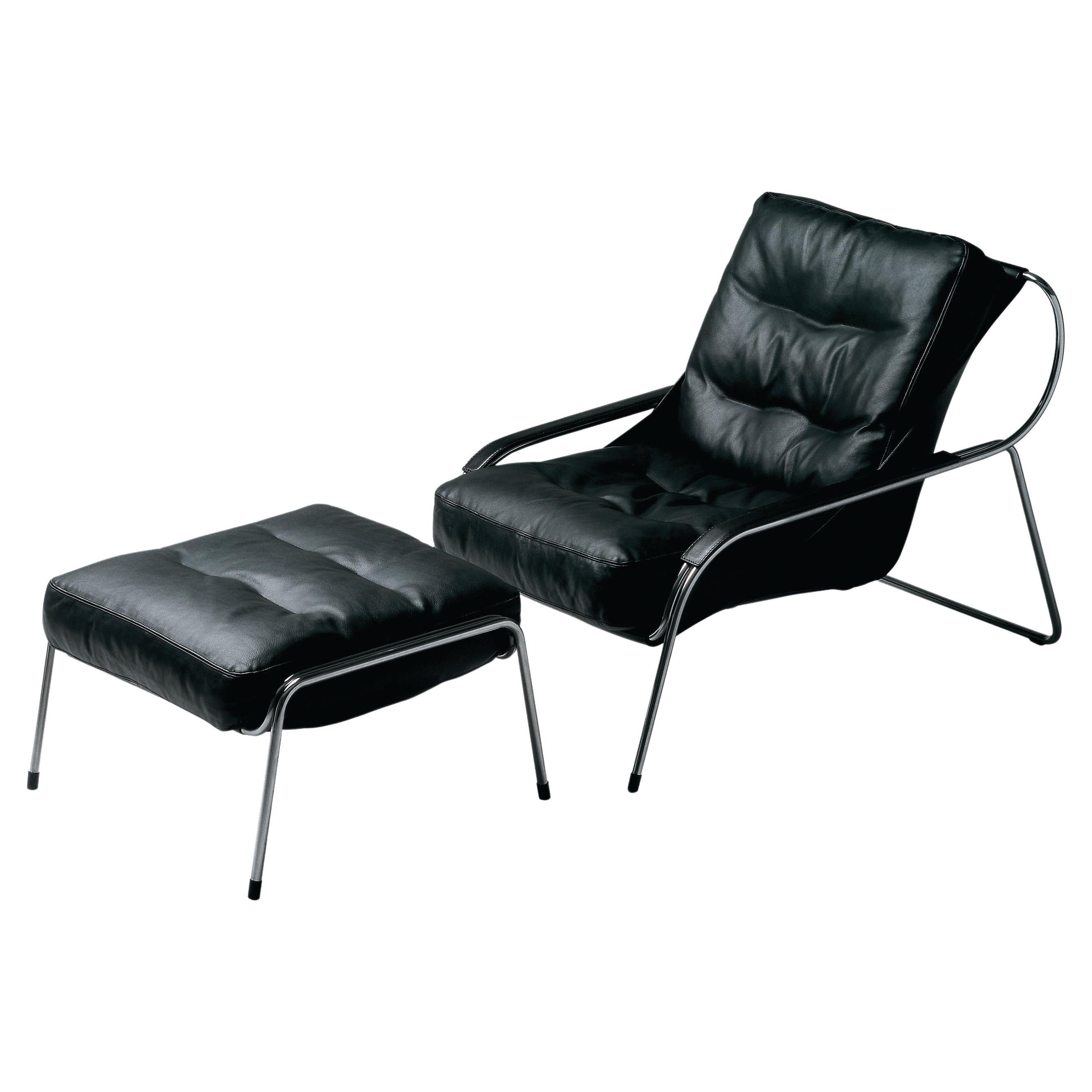 Zanotta Maggiolina Lounge Chair & Pouf in Black Leather and Polished Steel Frame
