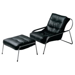 Zanotta Maggiolina Lounge Chair & Pouf in Black Leather and Polished Steel Frame