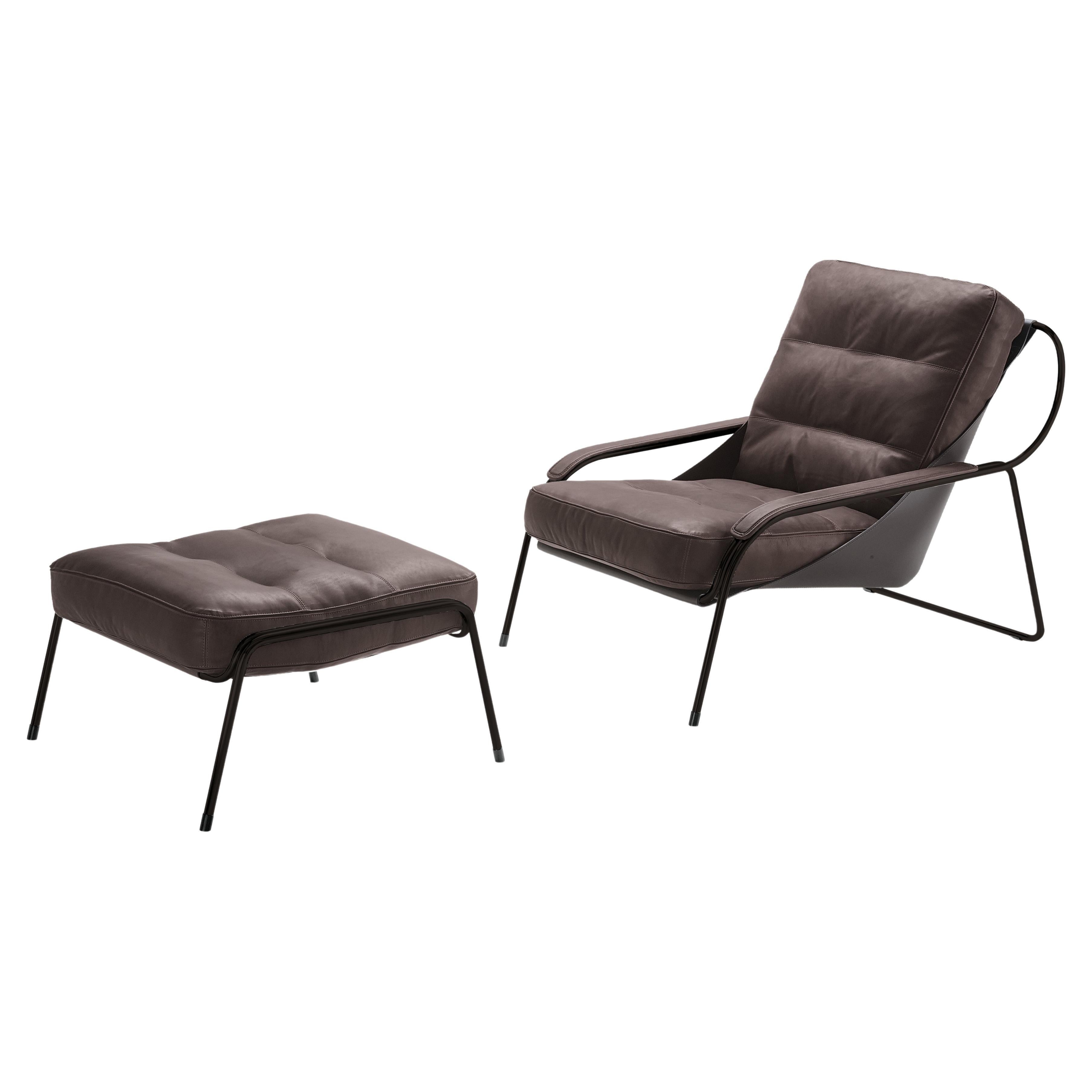 Zanotta Maggiolina Lounge Chair & Pouf in Dark Brown with Black Steel Frame For Sale