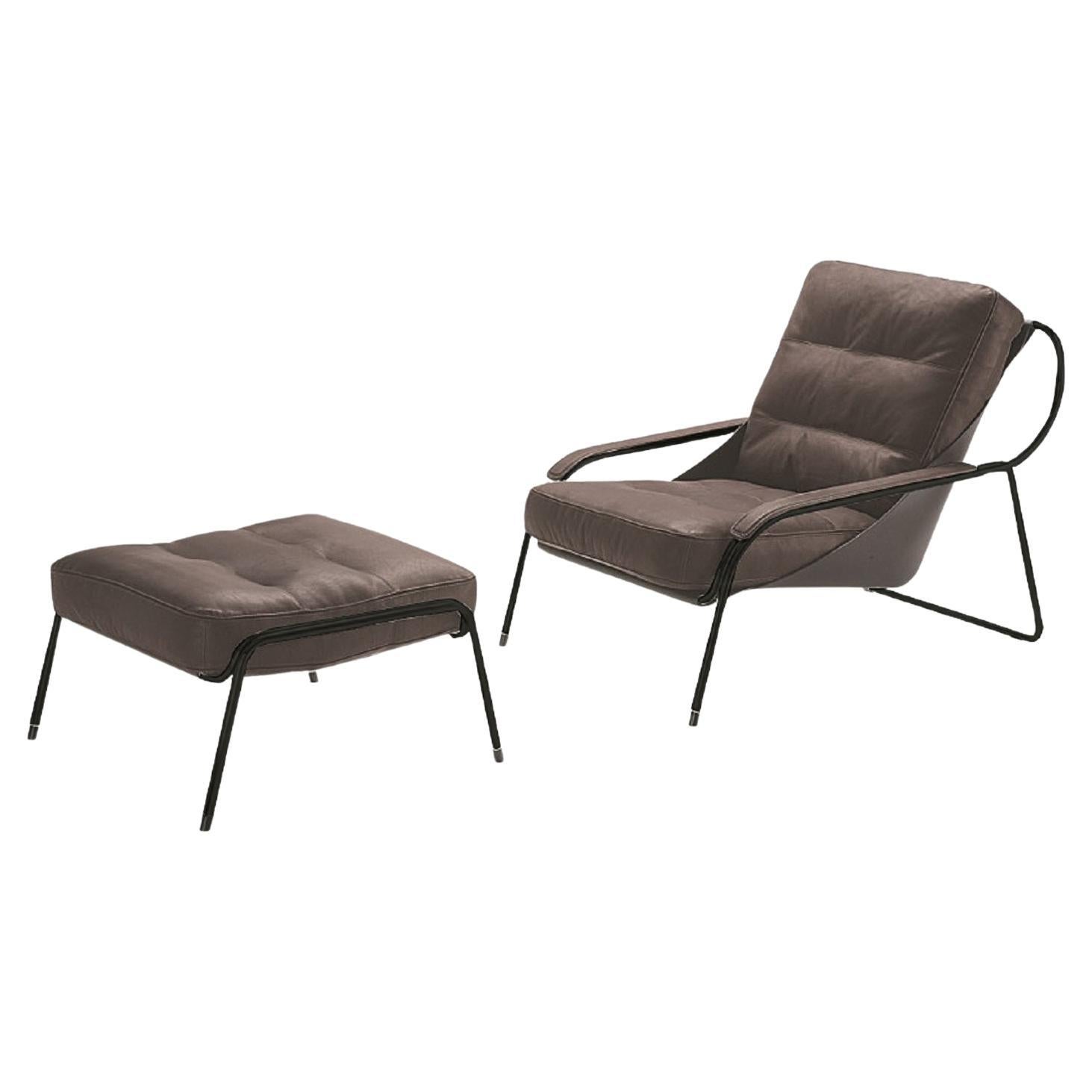 Zanotta Maggiolina Lounge Chair with Pouf in Brown Leather & Black Steel Frame For Sale