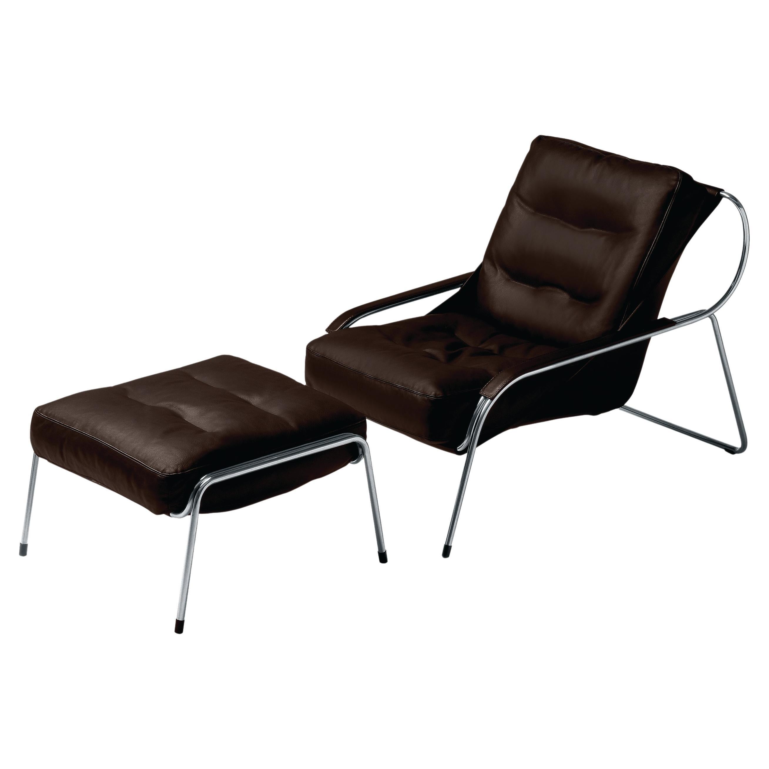 Zanotta Maggiolina Lounge Chair with Pouf in Brown Leather & Steel Frame