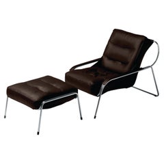 Zanotta Maggiolina Lounge Chair with Pouf in Brown Leather & Steel Frame