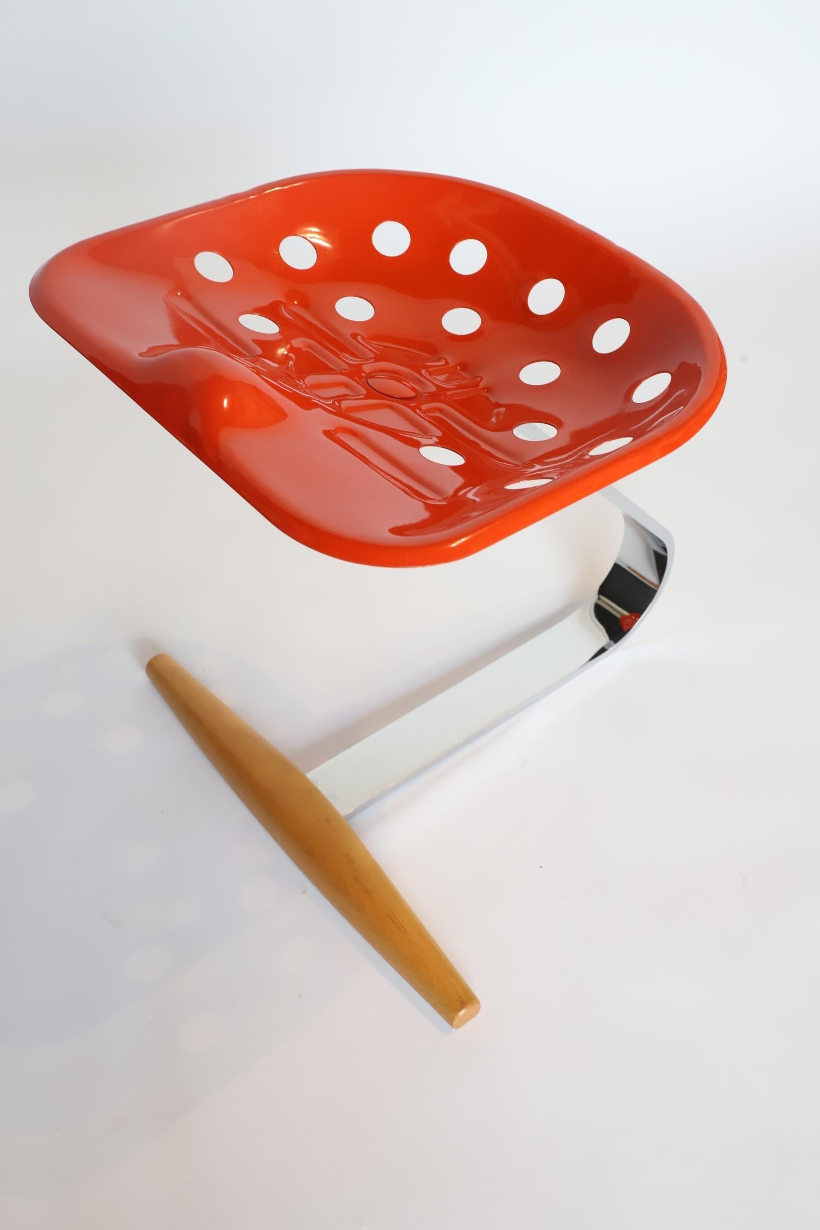Contemporary Zanotta Mezzadro Stool in Orange/Red with Steel and Wood Base