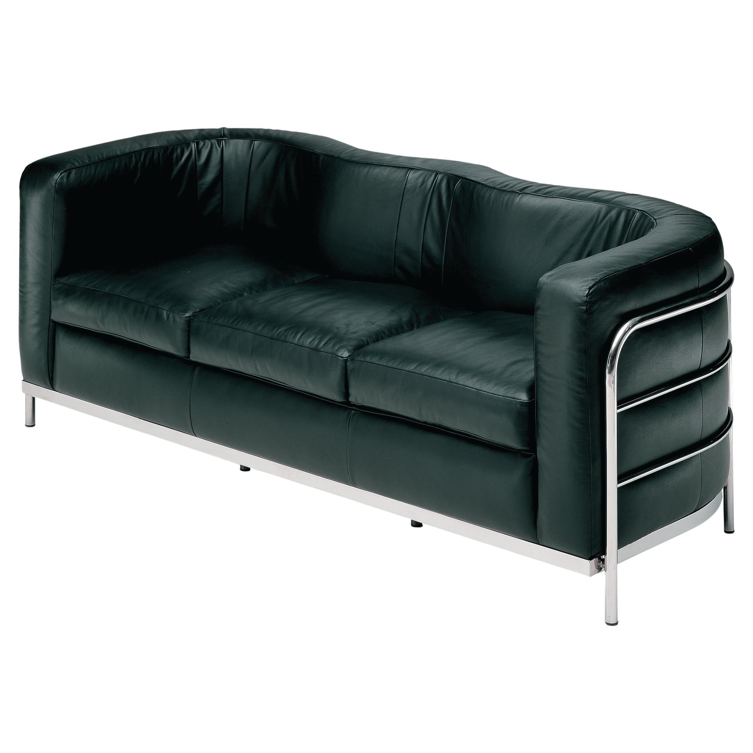 Zanotta Onda Armchair Three-Seater Sofa in Black Leather & Stainless Steel Frame For Sale