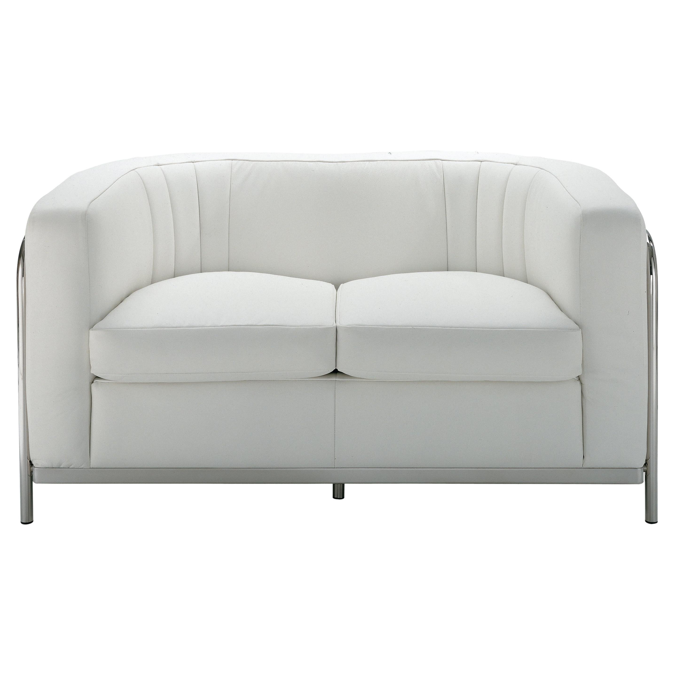 Zanotta Onda Armchair Two-Seater Sofa in White Leather & Stainless Steel Frame For Sale