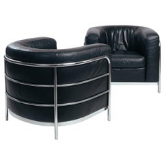 Sillas redondas de cuero negro Zanotta Onda, inspiradas en Le Corbusier, Italia, set 2