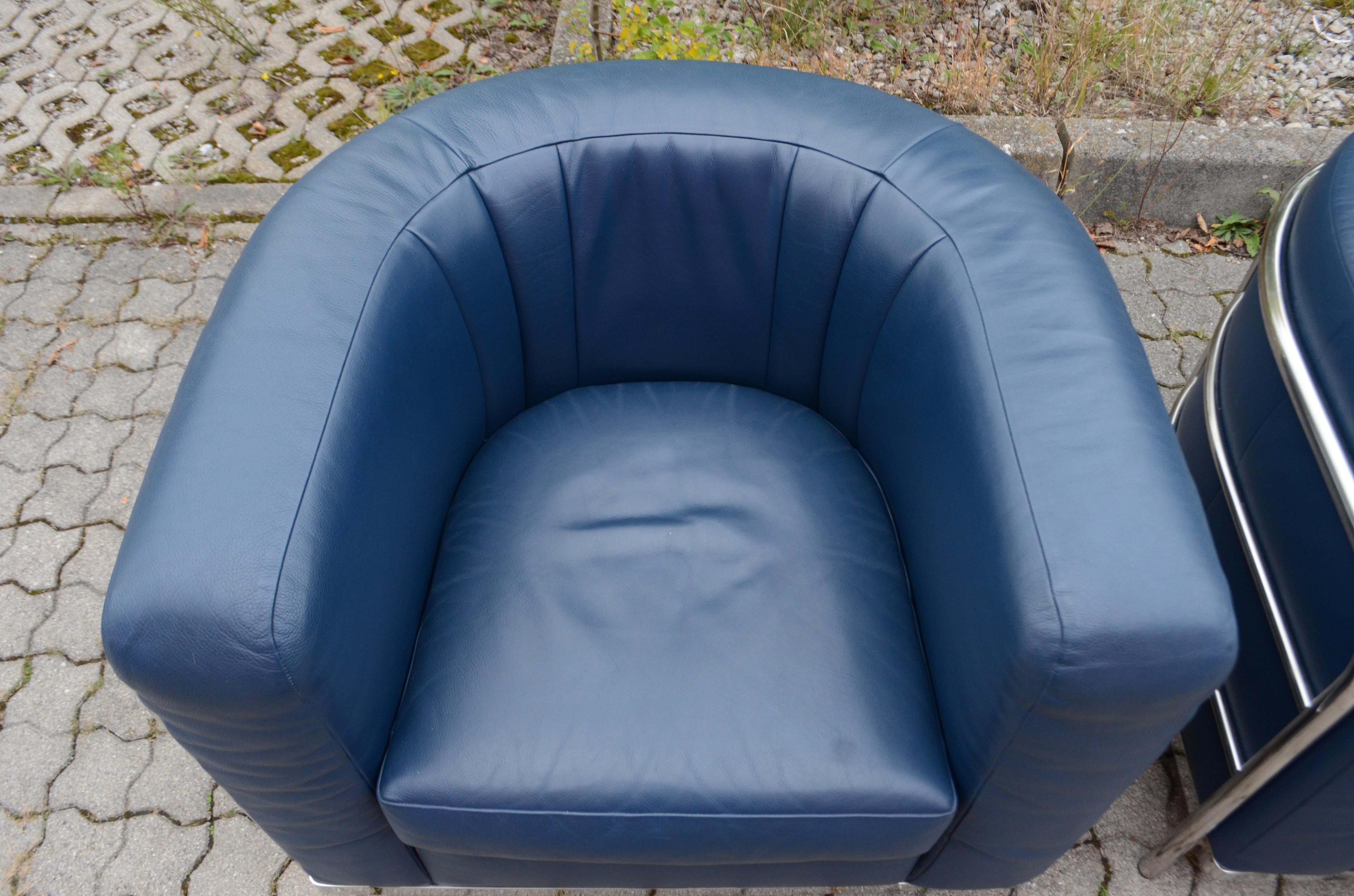 Ensemble salon Zanotta Onda Canapé et 2 fauteuils en cuir bleu en vente 4