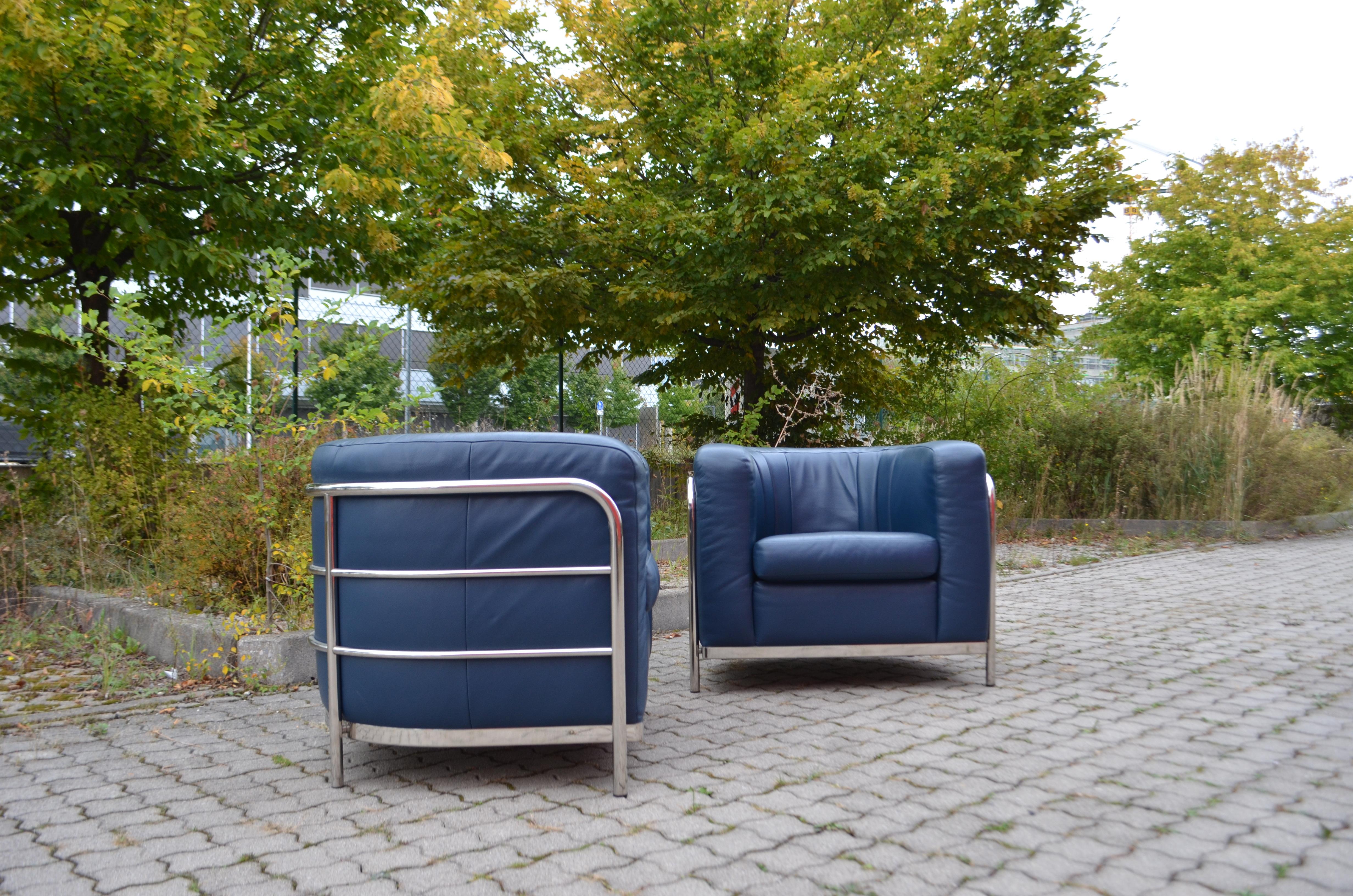 Ensemble salon Zanotta Onda Canapé et 2 fauteuils en cuir bleu en vente 6