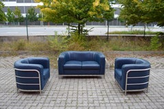 Zanotta Onda Ensemble Living Room Set Sofa & 2 Armchair Blue Leather
