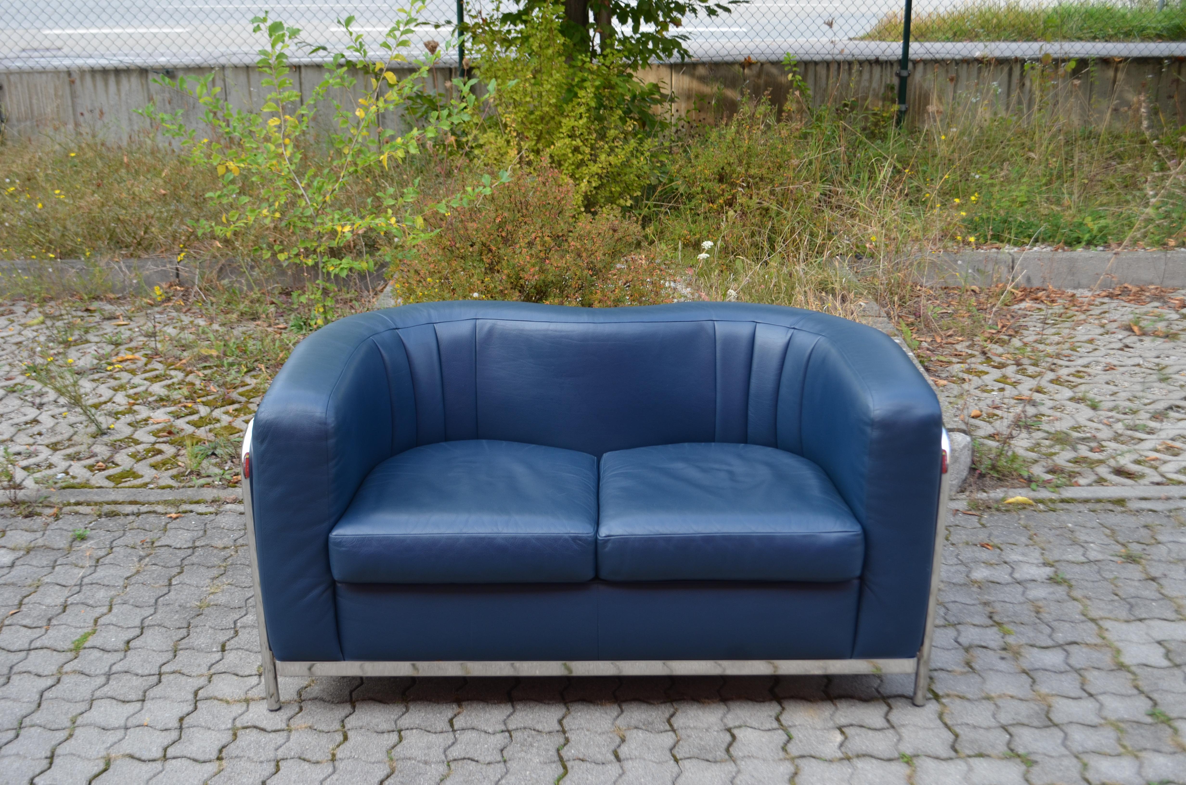 Moderne Ensemble salon Zanotta Onda Canapé et 2 fauteuils en cuir bleu en vente