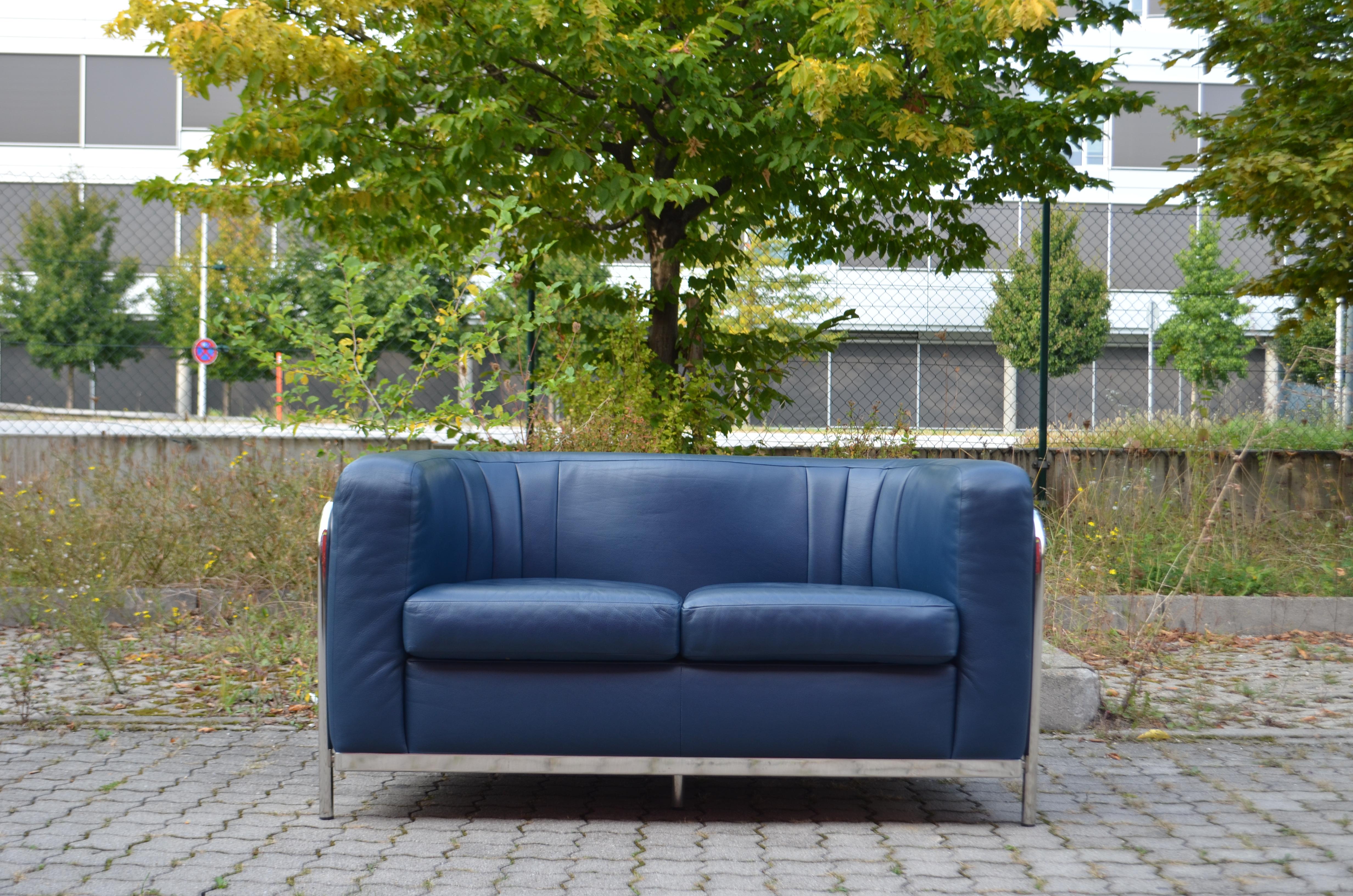 Zanotta Onda Ensemble Living Room Set Sofa & 2 Armchair Blue Leather In Good Condition For Sale In Munich, Bavaria