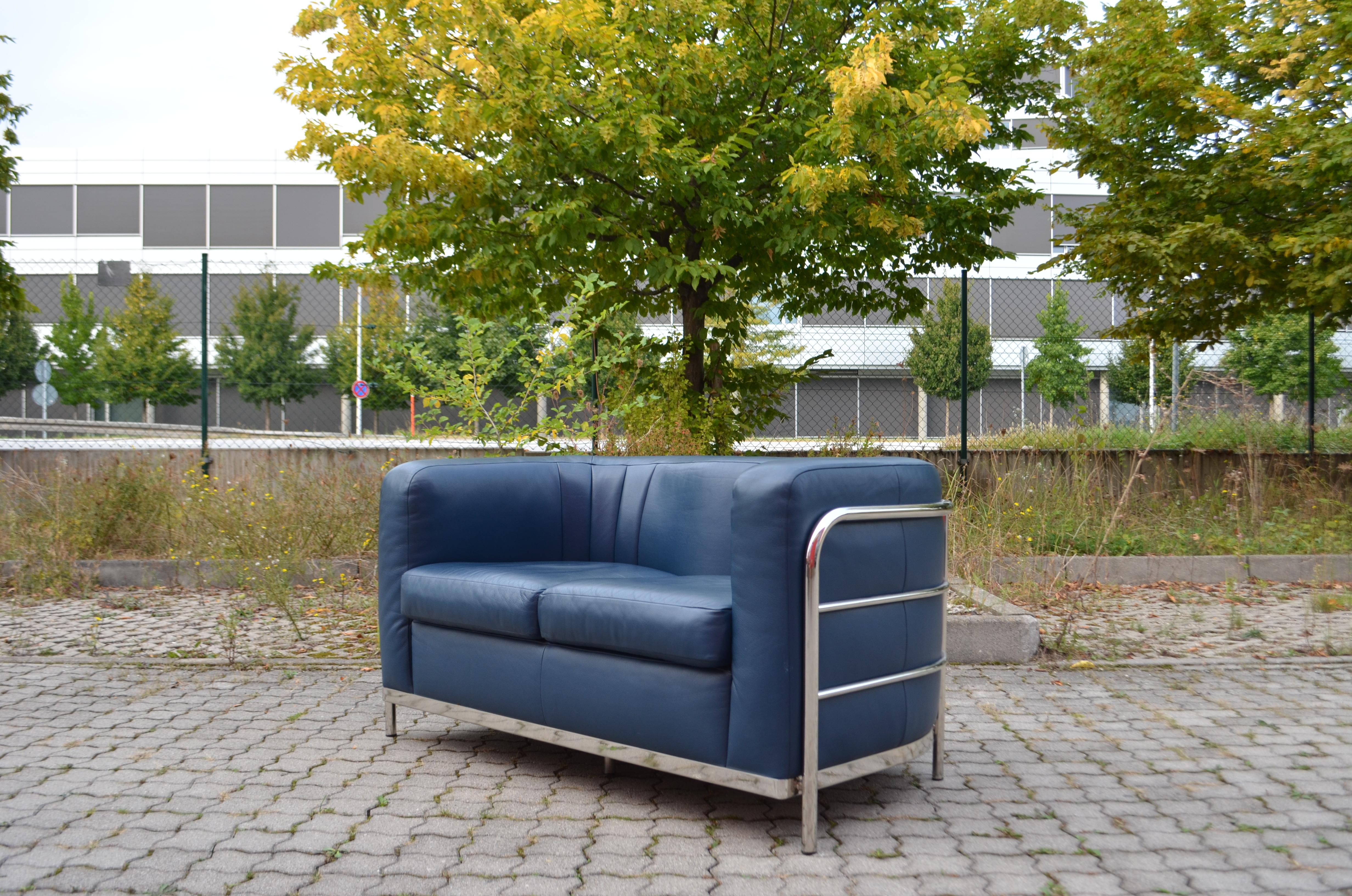 Acier Ensemble salon Zanotta Onda Canapé et 2 fauteuils en cuir bleu en vente