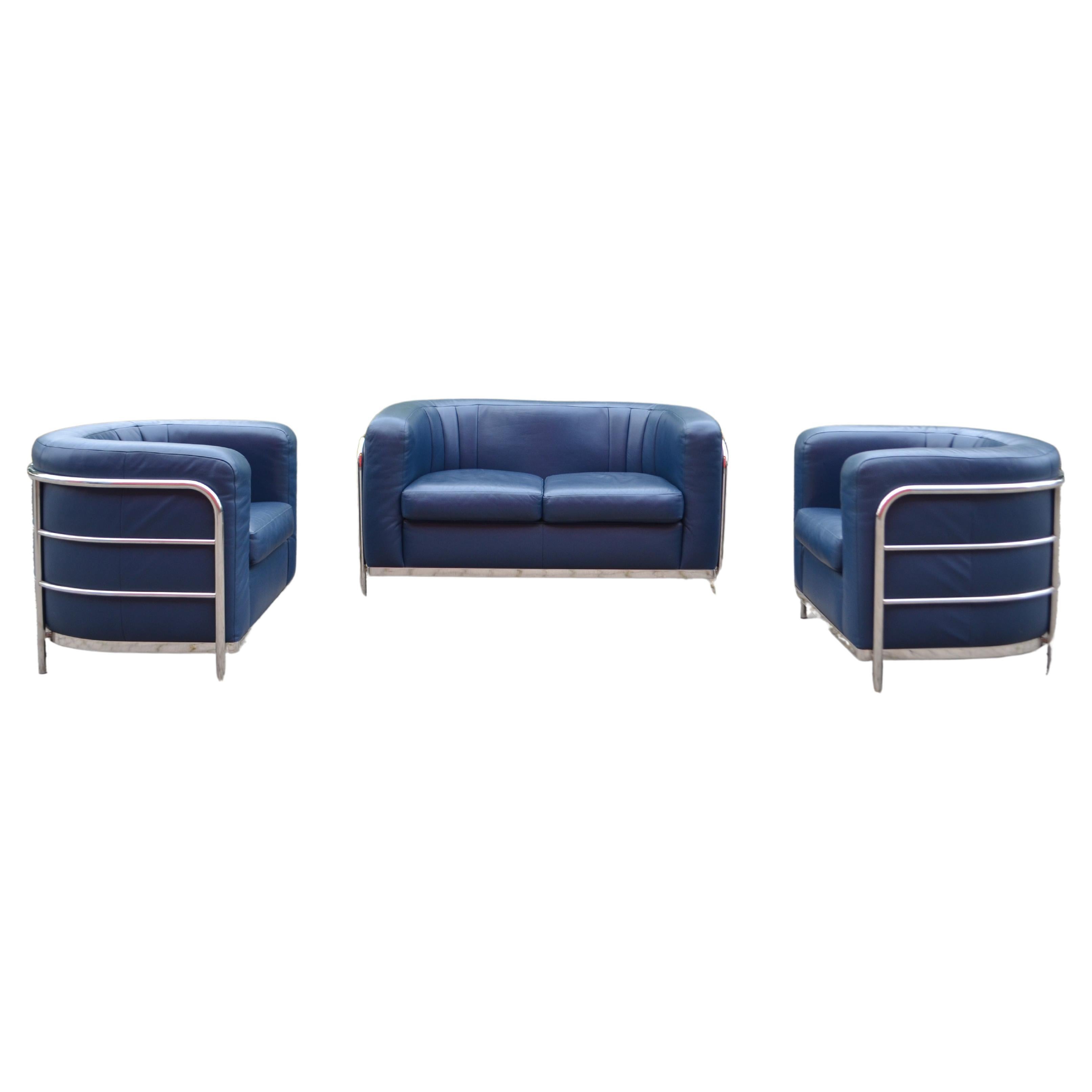 Zanotta Onda Ensemble Living Room Set Sofa & 2 Armchair Blue Leather