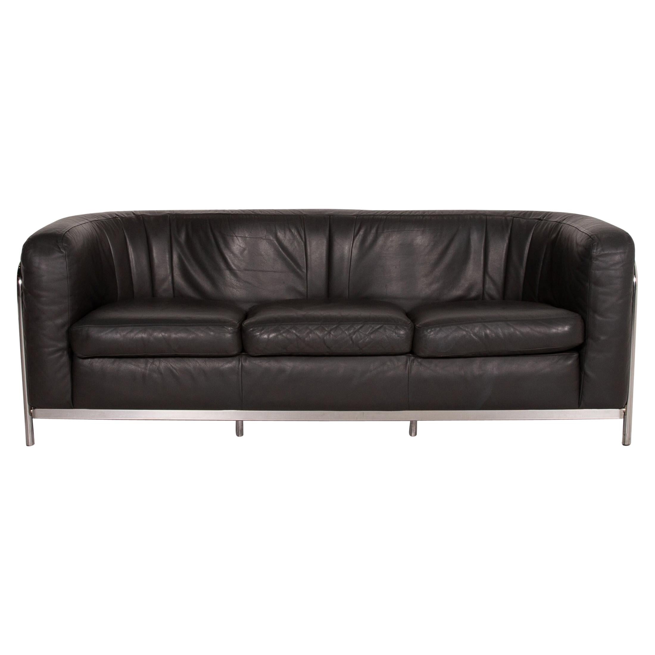Zanotta Onda Leather Sofa Black Three-Seat Couch