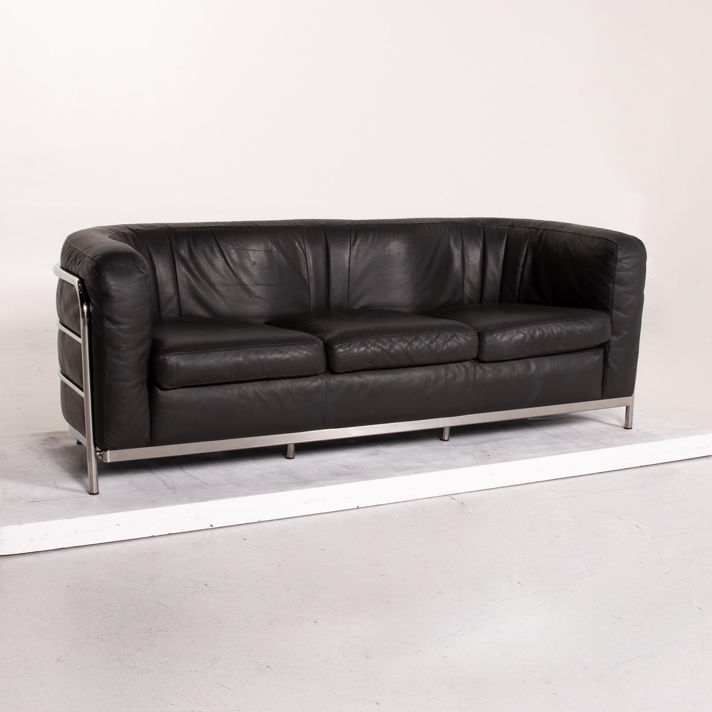 Zanotta Onda Leather Sofa Black Three-Seat Couch 1