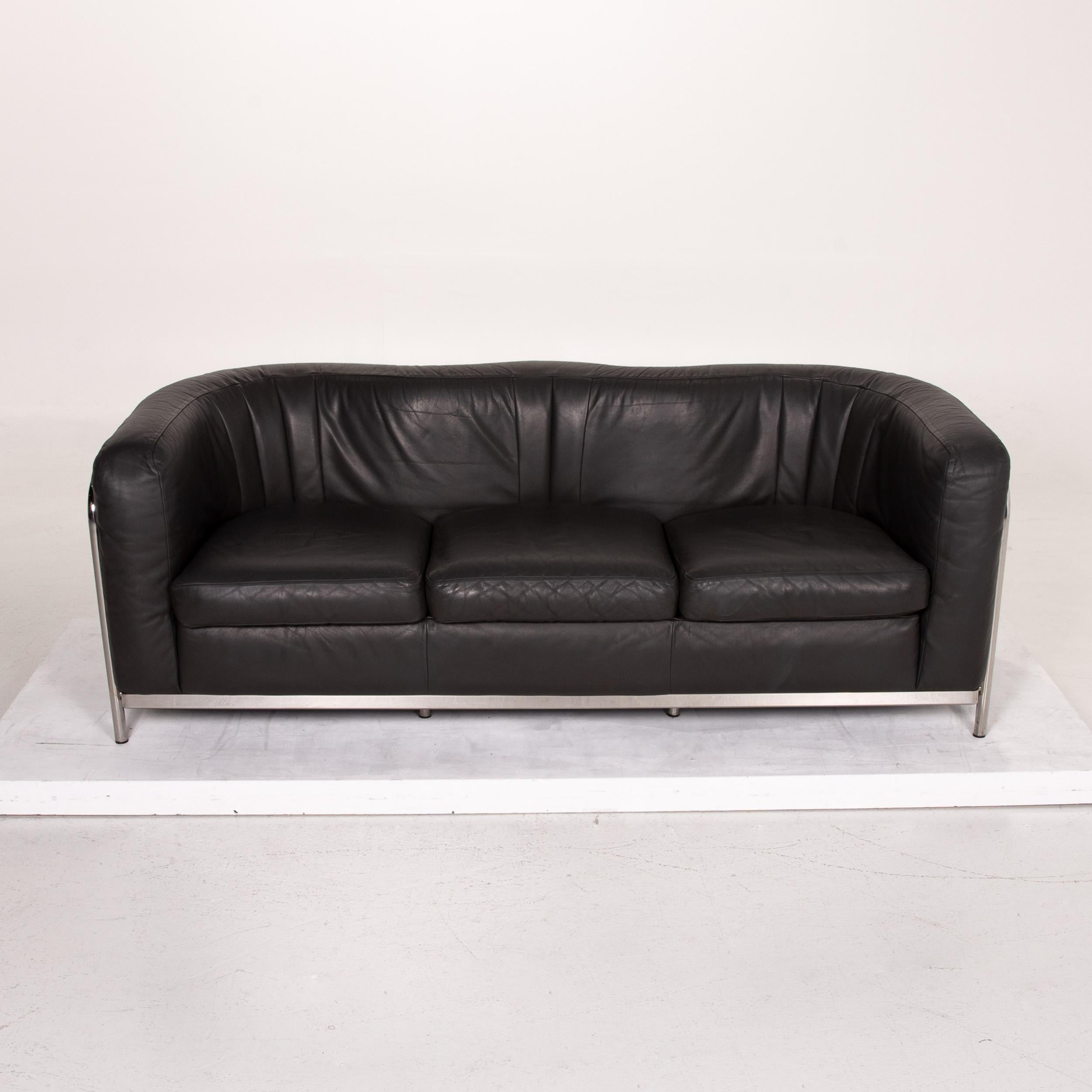 Zanotta Onda Leather Sofa Black Three-Seat Couch 2