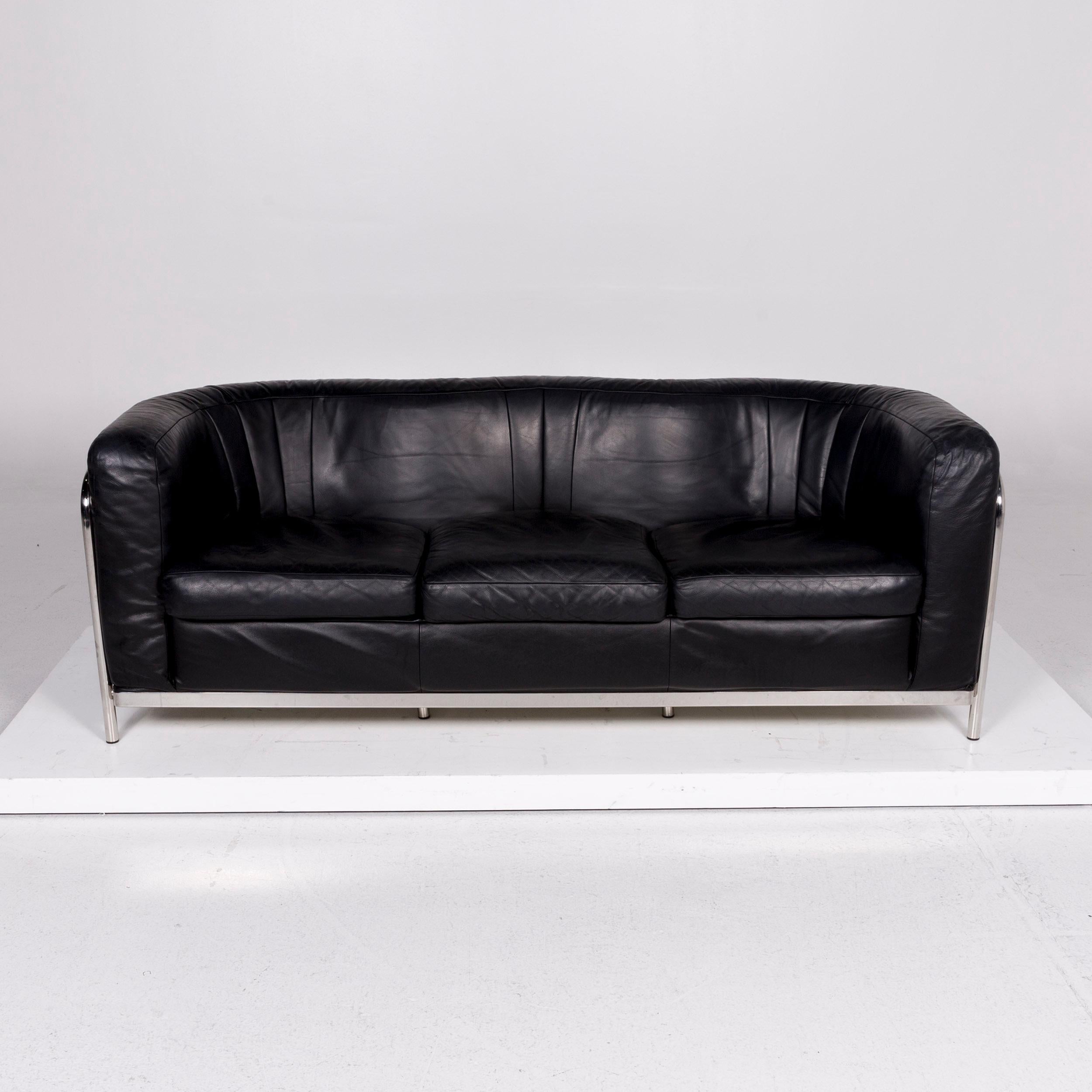 Contemporary Zanotta Onda Leather Sofa Black Three-Seat Gionatan de Pas Couch