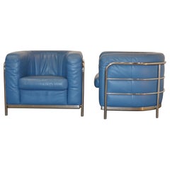 Zanotta Onda Pair of Armchairs in Blue Leather by De Pas, D'urbino
